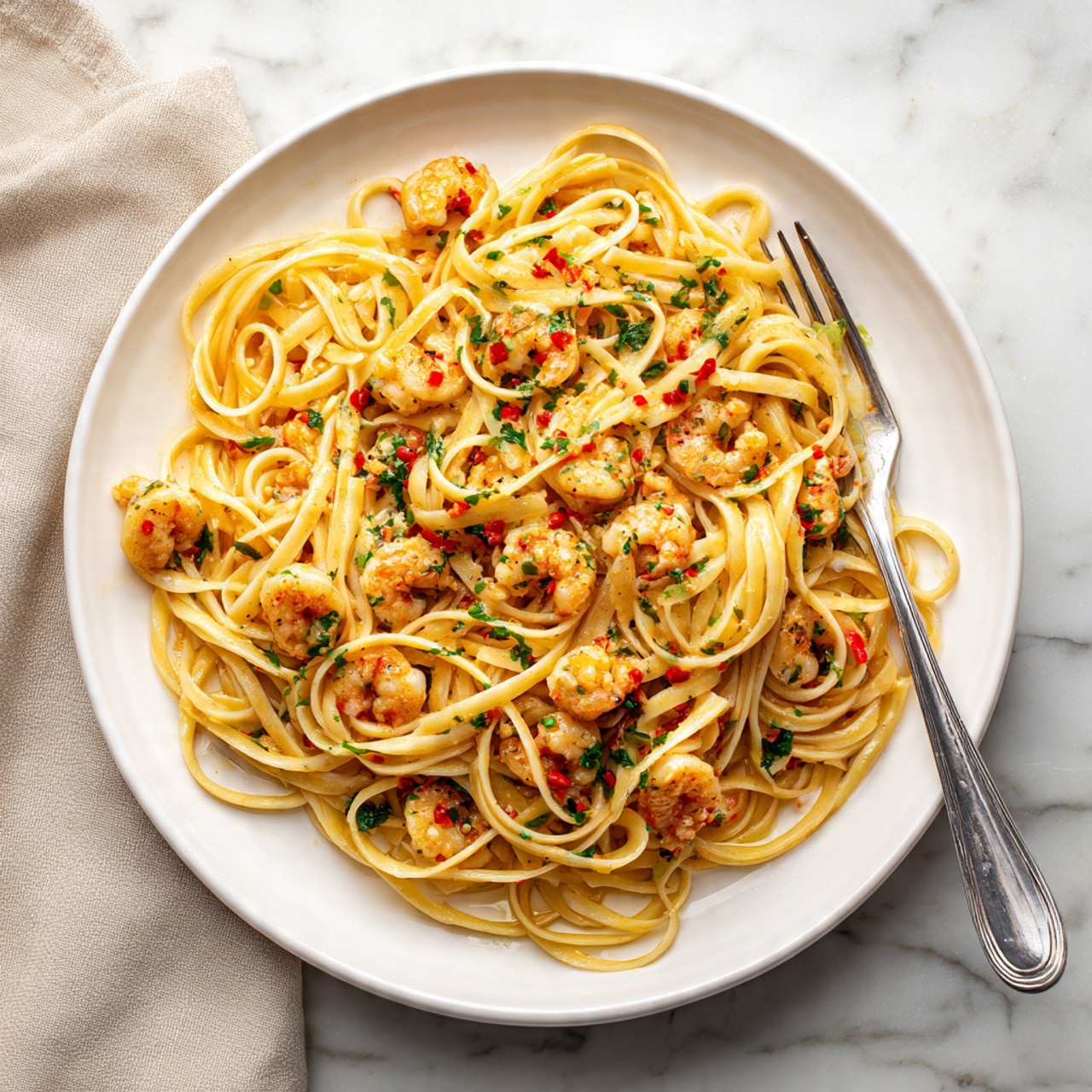 A white plate filled with a serving of linguine pasta mixed with small pieces of shrimp. The pasta is light yellow, coated with a sauce showing bits of red tomato, green herbs, and small chili flakes scattered on top. A silver fork rests on the right side of the plate, slightly tangled with the pasta strands. The plate is on a white marbled surface, with a beige cloth partially visible on the left side. The scene is bright and clear, showing the texture of the shrimp and herbs. photo taken with an iphone --ar 4:5 --v 7