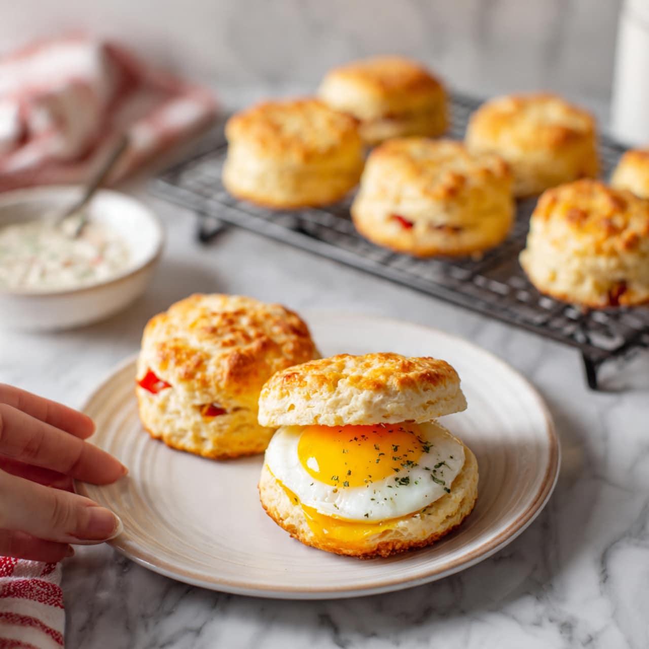 The image shows a white plate on a white marbled surface with a sandwich made of two golden-brown biscuit halves filled with a cooked egg featuring a bright yellow yolk. Behind the plate, there is a cooling rack holding more golden-brown biscuits with bits of red, likely peppers or similar, baked inside. To the left of the rack, there is a small white bowl filled with a speckled white sauce or dip. A woman's hand is reaching from the lower left side of the image toward the plate. photo taken with an iphone --ar 4:5 --v 7