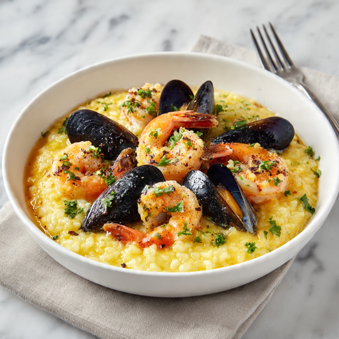 A white bowl shows a bed of light yellow rice with a soft texture, topped with several shrimp and black mussels scattered on top. The shrimp are orange-pink with a slight shine, and the mussels are glossy with black shells, some slightly open. The dish is sprinkled with small green parsley pieces, adding a fresh touch. The bowl sits on a white marbled surface, and a fork is placed next to it. photo taken with an iphone --ar 4:5 --v 7