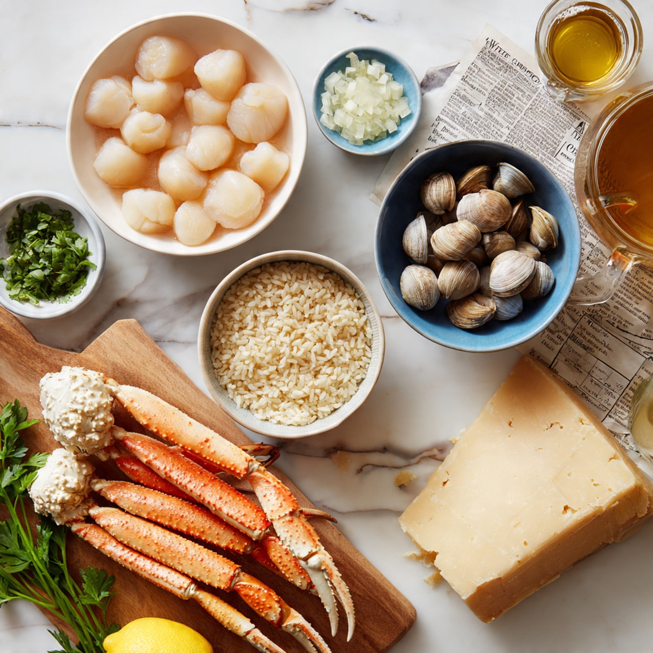 The image shows several ingredients neatly arranged on a white marbled surface. There are three white bowls placed across the scene: one filled with peeled scallops showing a pale creamy color and smooth texture, another with raw shrimp displaying a translucent grayish tone and slightly curled shape, and a third bowl containing several clams with light brown, striped shells. A fourth white bowl in the center is filled with short-grain rice that looks dry and off-white. Fresh green parsley lies on a small wooden board next to two large crab legs with orange and pink speckled shells resting on a piece of newspaper. On the right side, a wooden cutting board holds a large wedge of hard cheese with a rough texture. Near this board, there is a whole yellow lemon and two small containers: one with clear liquid and the other with green olive oil. A blue bowl holding finely chopped shallots is positioned above the shrimp. In the upper right corner, a glass pitcher contains a light brown broth, adding a warm tint to the setup. photo taken with an iphone --ar 4:5 --v 7