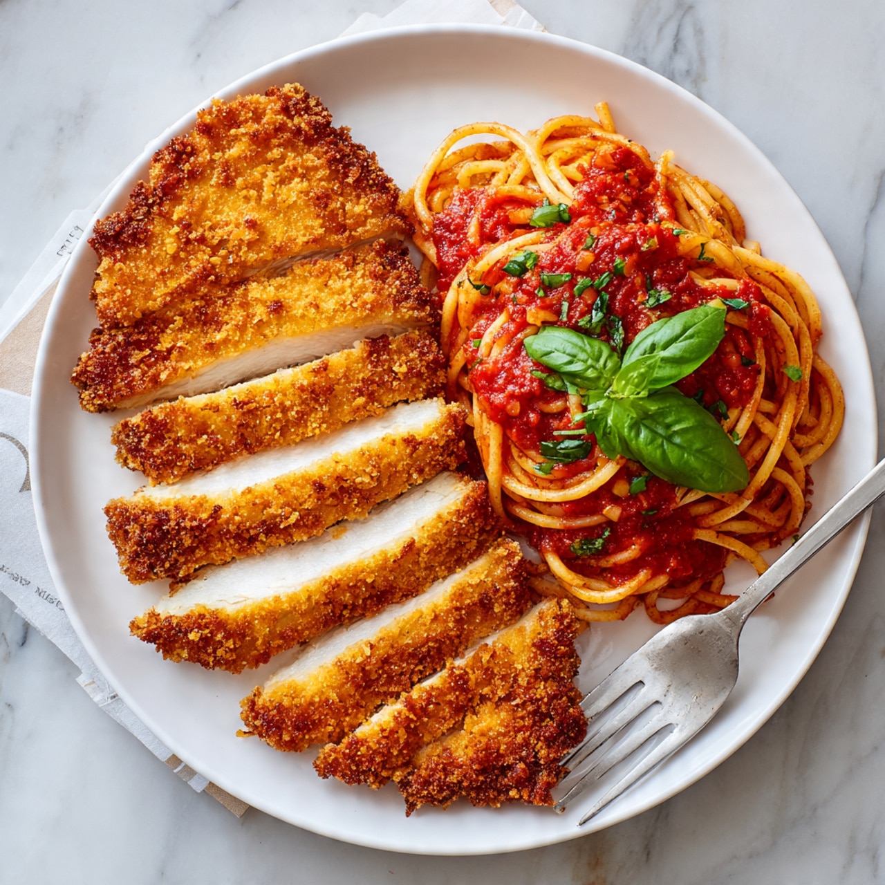 The image shows a white plate with two main parts: on the left, a sliced crispy chicken cutlet with a golden brown, crunchy coating, revealing white, tender meat inside. The cutlet is cut into four pieces, with one large piece at the top and three smaller pieces fanned out below it. On the right side, there is a pile of spaghetti tossed in red tomato sauce, with a fresh green basil leaf on top for garnish. A silver fork is partially twirled in the spaghetti at the bottom right corner. The plate is set on a white marbled surface with a partially visible sheet of printed paper underneath. Photo taken with an iphone --ar 4:5 --v 7