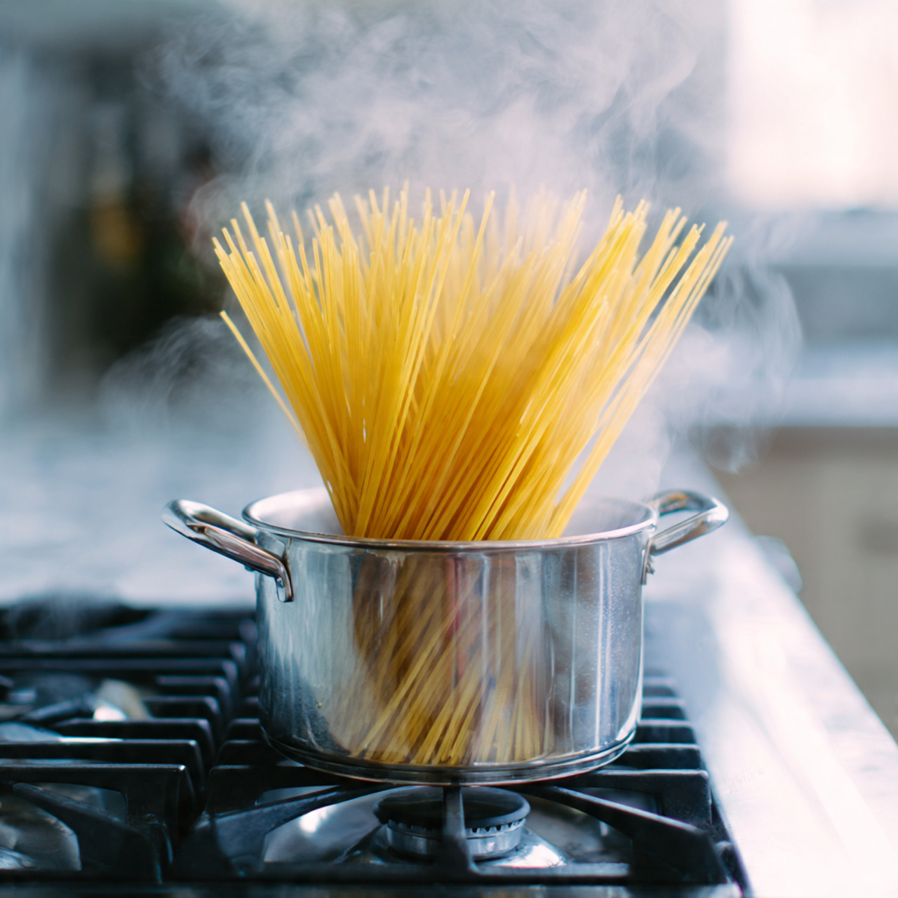 A tall silver pot filled with clear water has thin yellow dry spaghetti noodles sticking out of the top in all directions as they start to cook. Steam rises from the pot, which sits on a stove burner with metal grates and black knobs. The background is a soft blur of kitchen elements with a white marbled texture underneath the pot photo taken with an iphone --ar 4:5 --v 7