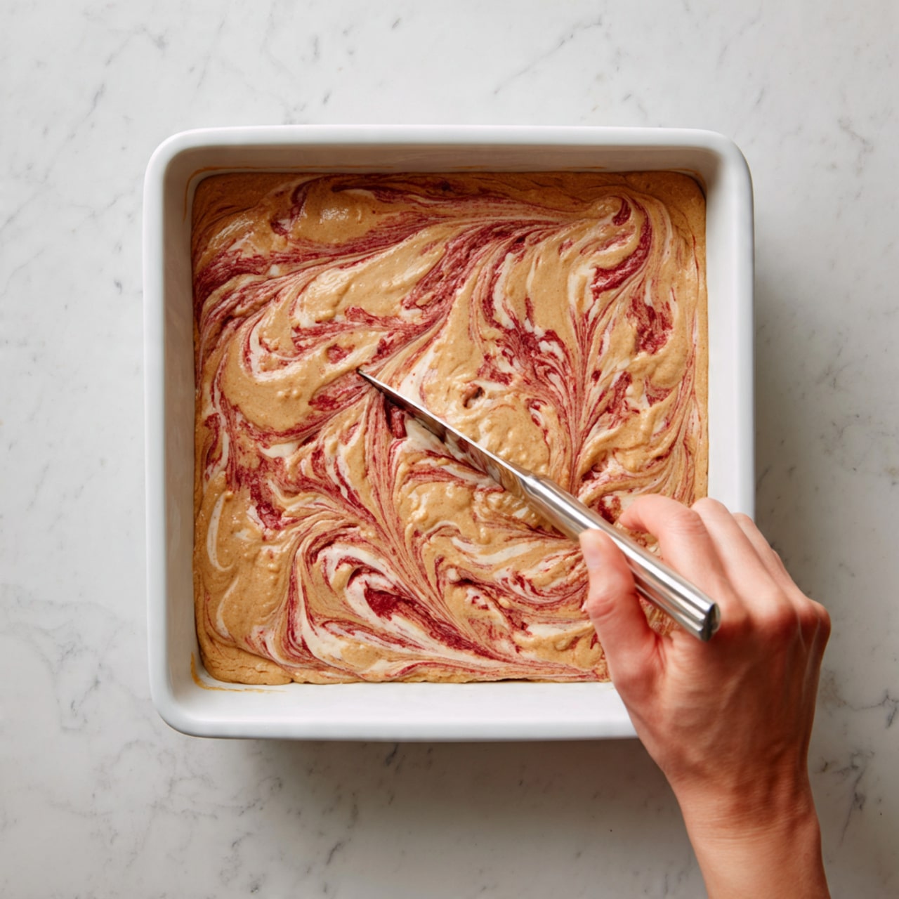 A white square baking dish is filled with a thick, light beige batter that has swirls of reddish-pink and brown spread unevenly on the surface, creating a marbled effect. The reddish-pink swirls resemble fruit or jam, while the brown looks like smooth, creamy dollops mixed into the batter. A woman's hand holds a silver knife drawing a swirl pattern in the batter near the upper left corner. The dish rests on a white marbled surface. photo taken with an iphone --ar 4:5 --v 7