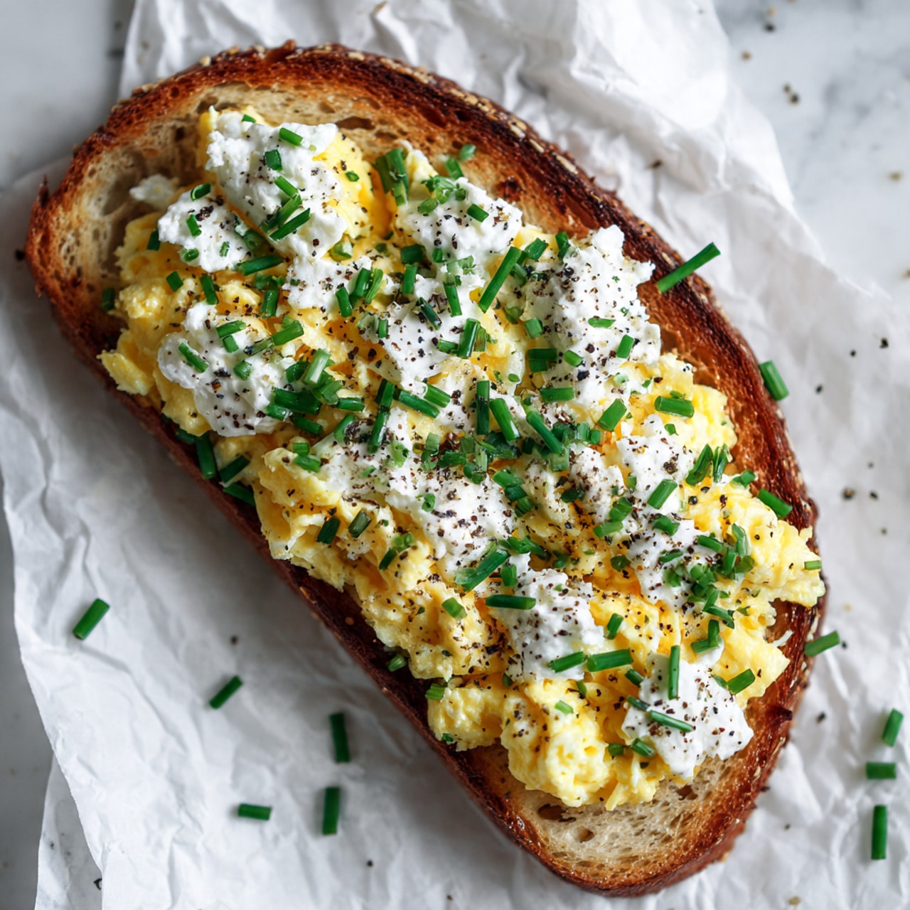 A thick slice of golden-brown toasted bread with a crunchy crust holds a generous layer of fluffy, creamy scrambled eggs mixed with dollops of white cottage cheese scattered on top. Bright green chopped chives are sprinkled evenly across the eggs, along with a light dusting of black pepper. The toast rests on crinkled white parchment paper atop a white marbled surface, giving a clean and fresh look. Photo taken with an iphone --ar 4:5 --v 7