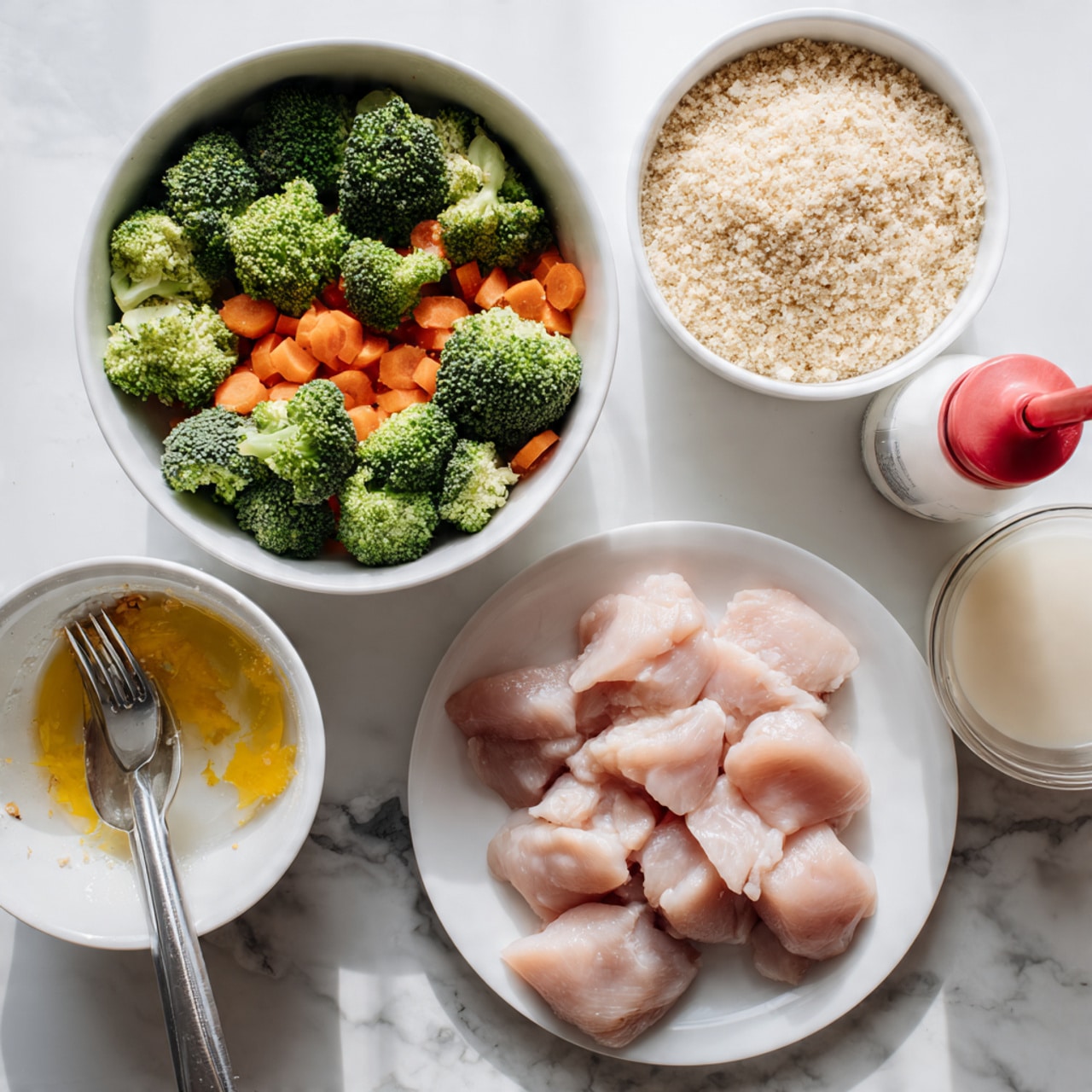 The image shows a top-down view of five white dishes and a bottle arranged on a white marbled surface. In the top left, a white bowl holds a colorful mix of raw vegetables including bright green broccoli florets and orange carrot slices. To the right, there is a white bowl filled with light beige breadcrumbs. In the center left, a white bowl contains a beaten egg with a fork resting inside. Below the bowls, a white plate carries several raw pale pink chicken pieces. To the far right, a squeeze bottle with a red lid is visible, along with a pale liquid in a white bowl or small jug. The scene is neatly arranged and well-lit, showing fresh ingredients ready to be cooked. Photo taken with an iphone --ar 4:5 --v 7