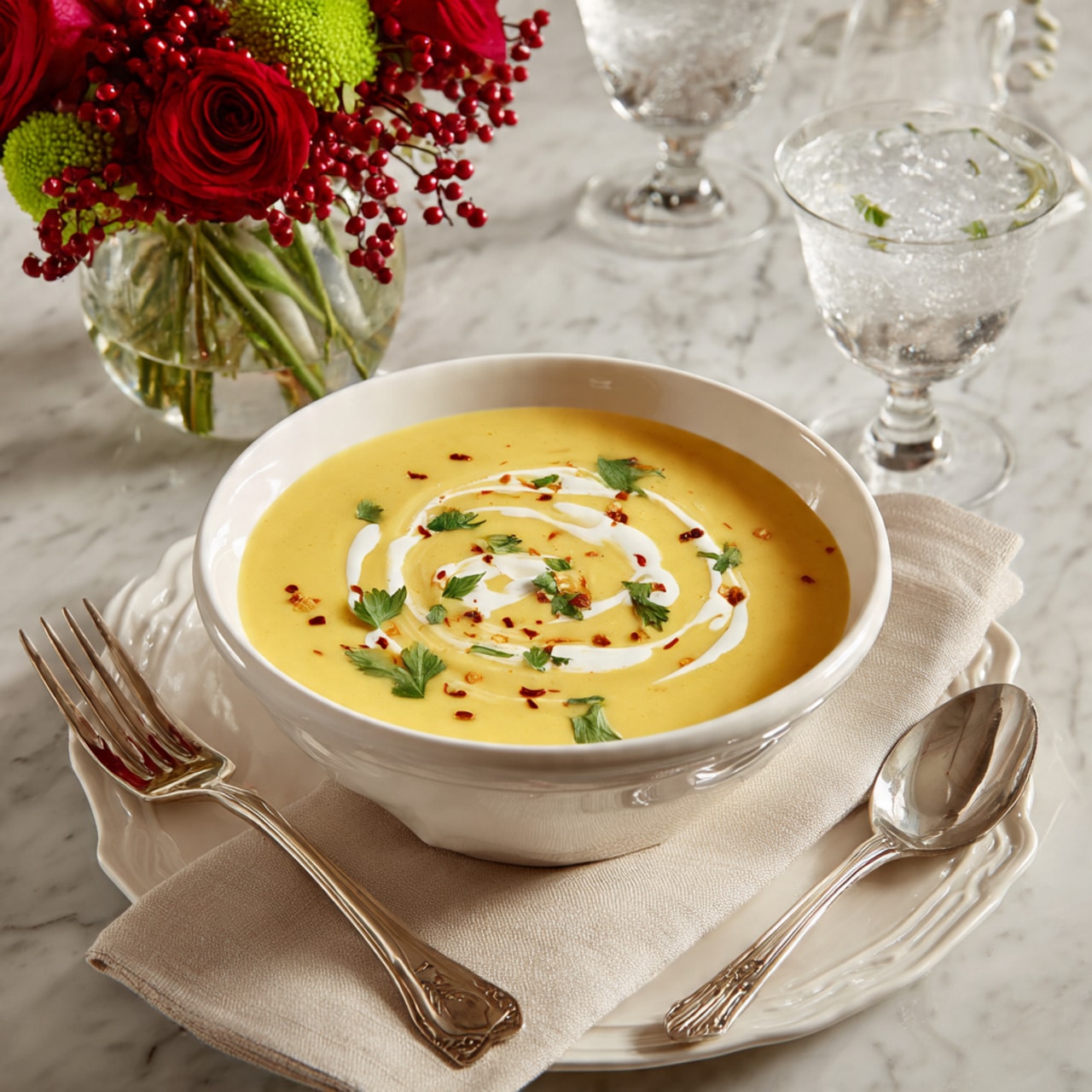 A white bowl filled with smooth, creamy yellow soup topped with a swirl of white cream and small green herb bits, with a few red spice flakes scattered on top. The bowl sits on a beige napkin over two white plates with scalloped edges and subtle ridges. To the left of the plates is a silver fork, and to the right is a knife. Above the bowl, a small bouquet of red roses, red berries, and a bright green flower is arranged in a clear vase. Two glasses of water with ice are placed on the right and top left corners of the white marbled surface, along with silver spoons with ornate handles. photo taken with an iphone --ar 4:5 --v 7