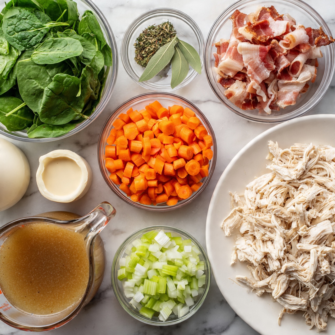 The image shows a top view of various fresh ingredients arranged on a white marbled surface. There is a white plate on the right side filled with shredded cooked chicken that is pale beige in color and looks tender. Above the chicken are glass bowls with small, thick slices of bacon showing pink and white layers. To the left of the chicken, a bunch of fresh green spinach leaves lie beside a small glass bowl of dried herbs topped with a single bay leaf. There is a large glass bowl filled with chopped carrots cut into rough half-circle pieces, bright orange in color. Nearby, another bowl contains finely chopped white onions, and next to it is a bowl full of diced light green celery. A clear measuring cup with light brown broth is placed at the bottom left and a small amount of chopped butter with a pale yellow tone rests next to a creamy white bottle of sauce or dressing. The ingredients are all ready to be cooked or combined. Photo taken with an iphone --ar 4:5 --v 7