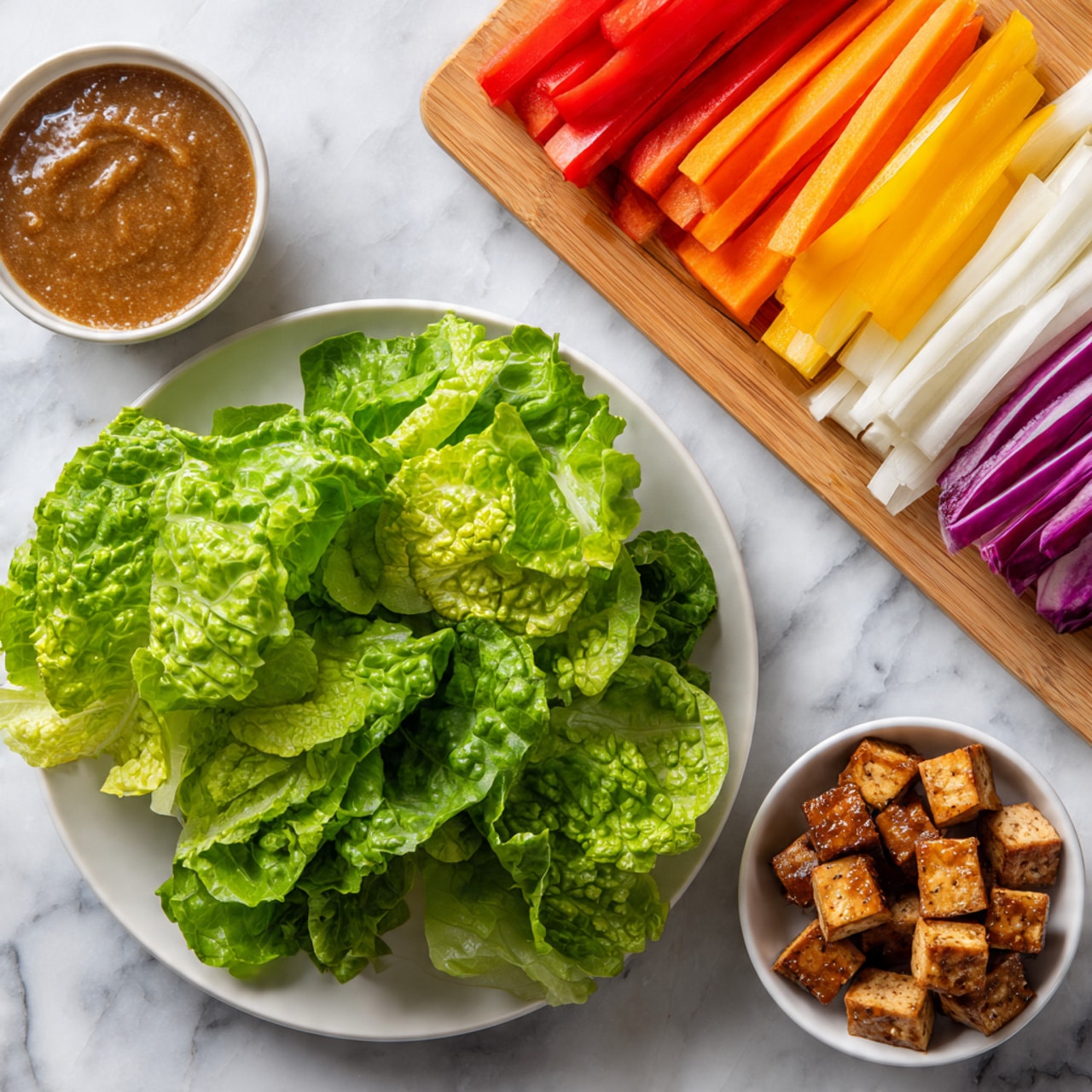 The image shows a white plate in the center with fresh green leafy lettuce that looks crisp and vibrant, with curly edges. Above and to the right, there are two small white bowls; one bowl contains small cubes of browned tofu with a slightly crispy texture, and the other bowl has a smooth brown sauce. To the top left, there is a light wooden board with rows of neatly sliced veggies: white, red, orange, and purple colors arranged in parallel lines. The background is a white marbled surface. photo taken with an iphone --ar 4:5 --v 7