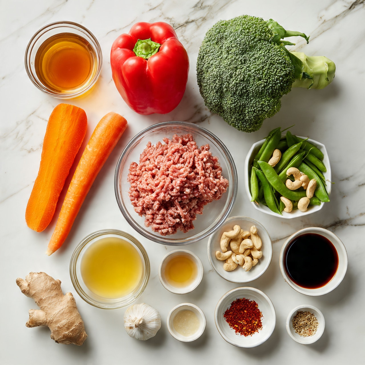 The image shows an arrangement of fresh ingredients on a white marbled surface. At the center, there is a clear glass bowl with raw ground meat that is light pink in color. To the left of the meat, there are two bright orange carrots and a red bell pepper. Above the meat lies a fresh green broccoli head, and to the right, a brown onion and a small glass bowl of whole cashews. Above the cashews, another glass bowl holds green snap peas. Below the main ingredients, several small white bowls contain sauces and seasonings: a dark soy sauce, light-colored honey, a pale liquid, and olive oil, as well as small amounts of spices, ground black pepper with salt, and red chili flakes. Two garlic cloves and a piece of fresh ginger root rest near the bottom center. On the upper left, a clear glass measuring cup holds light brown broth. All items are neatly spaced, emphasizing their colors and textures. Photo taken with an iphone --ar 4:5 --v 7