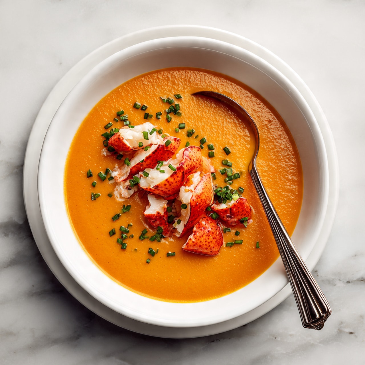 A white bowl filled with smooth orange soup, topped with chunks of lobster meat arranged in a row on one side, with small green chopped herbs scattered evenly across the surface. A metal spoon is placed inside the bowl, leaning against the edge. The bowl is set on a white marbled surface photo taken with an iphone --ar 4:5 --v 7