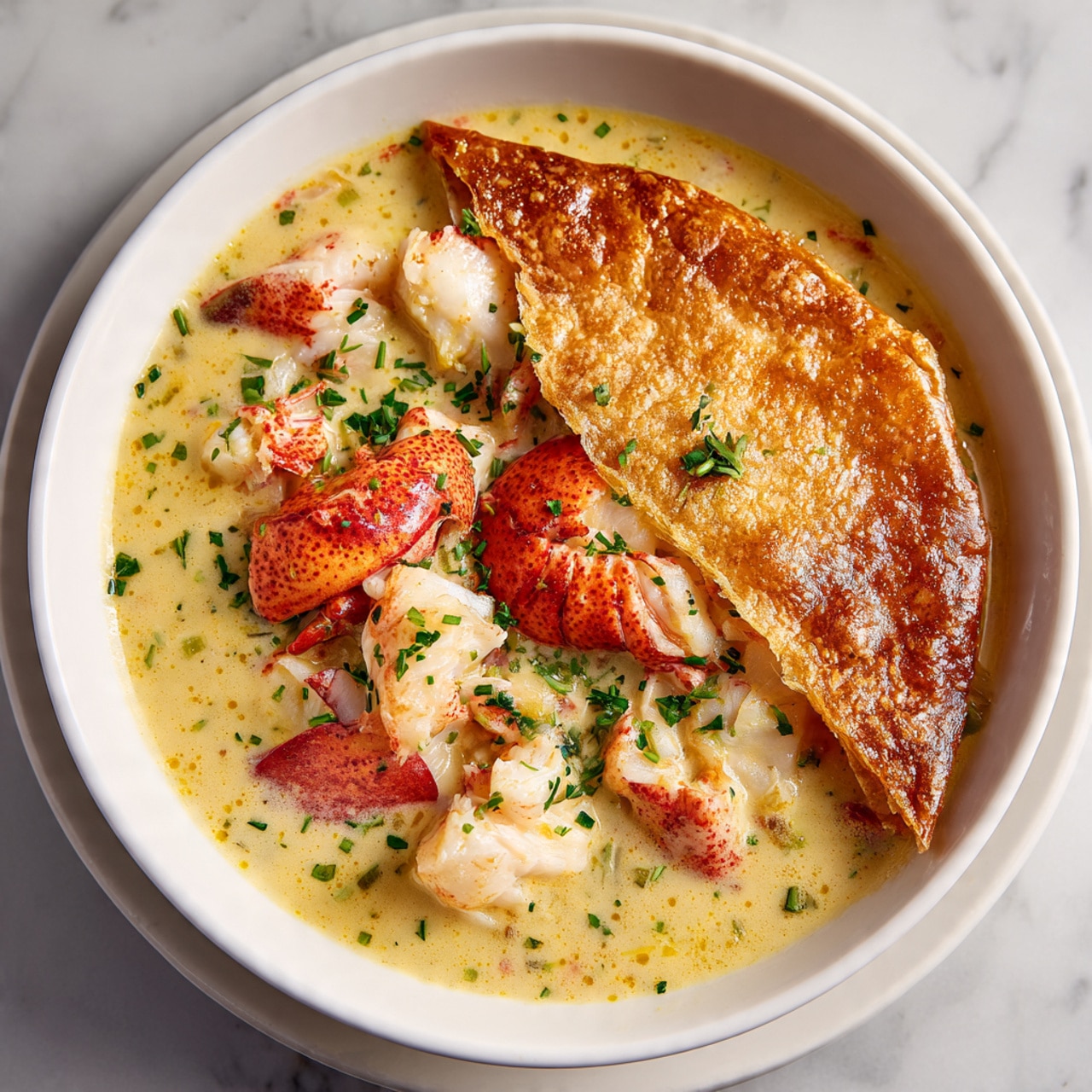A white bowl holds a creamy soup with chunks of white fish and bright red lobster pieces, all covered in a thick, pale yellow sauce with green herb bits sprinkled on top. Around the edges, there is a golden-brown crust with a rough, flaky texture that slightly folds over the side of the bowl, creating a raised border between the soup and the bowl. The whole dish is set against a white marbled surface. photo taken with an iphone --ar 4:5 --v 7