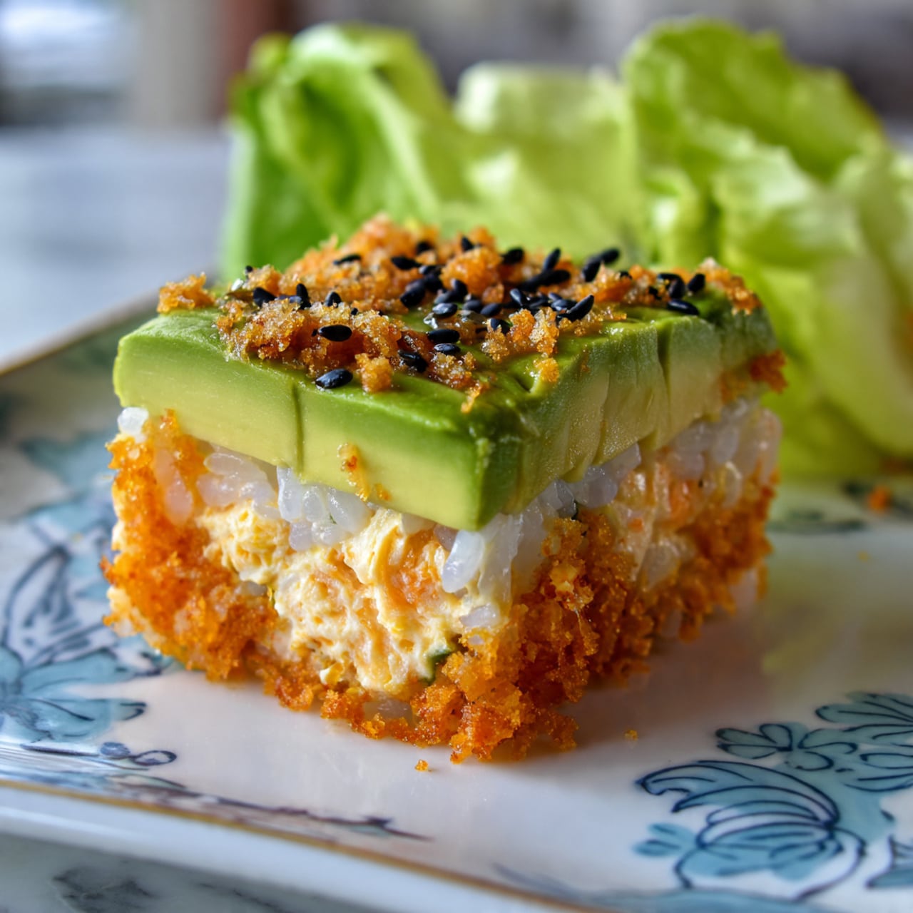 A close-up image of a piece of sushi on a white plate with light blue decorative patterns, placed on a white marbled surface. The sushi has multiple layers: the bottom layer consists of crispy orange flakes, giving a rough textured appearance. Above it is a creamy orange layer mixed with small chunks, which looks soft and moist. The top layer is a smooth green avocado slice, neatly covering the top with a fresh look, sprinkled with small black sesame seeds. In the background, there are some blurred green lettuce leaves. The photo was taken with an iphone --ar 4:5 --v 7