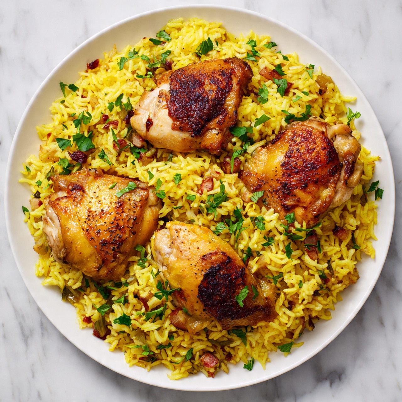 A close-up of a white round plate filled with yellow rice mixed with small bits of vegetables and spices. On top, there are three pieces of cooked chicken with golden brown, slightly crispy skin, placed unevenly among the rice. Small green herbs are sprinkled over the dish, adding a fresh touch. The background is a white marbled surface. photo taken with an iphone --ar 4:5 --v 7