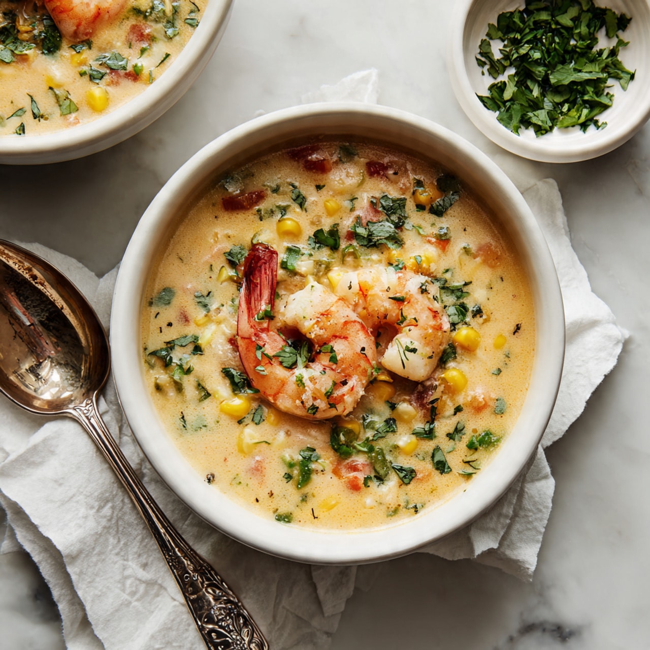 A white bowl holds creamy soup with a light yellow and orange color, showing small pieces of corn, green herbs, and vegetables mixed inside. On top, there are medium-sized shrimp with a pink and orange hue, one shrimp standing out in the center. The bowl sits on white crumpled paper over a white marbled surface. In the background, part of another similar bowl with soup is visible, along with a small white dish of chopped green herbs. A silver spoon with a decorative handle rests near the bowl. Photo taken with an iphone --ar 4:5 --v 7
