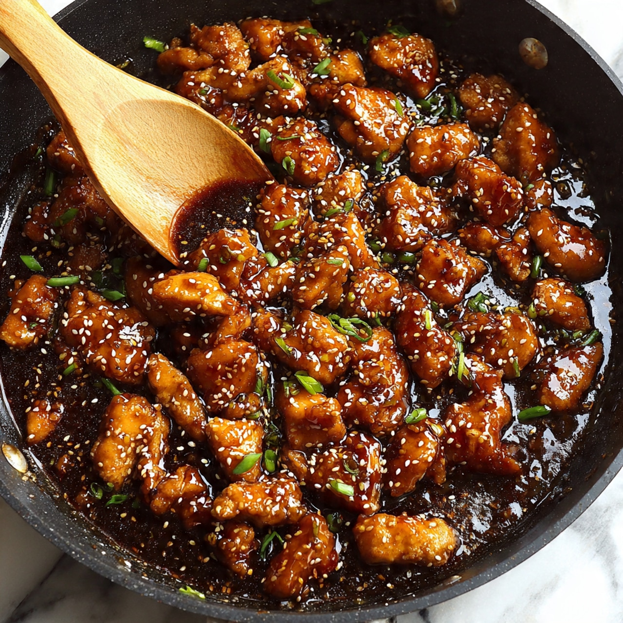 The image shows a close-up of a black cooking pan filled with shiny pieces of golden-brown cooked chicken covered in thick, dark brown sauce, speckled with sesame seeds and small bits of sliced green onions on top. A wooden spoon is visible in the pan, lifting some chicken pieces. The background is a white marbled texture. photo taken with an iphone --ar 4:5 --v 7