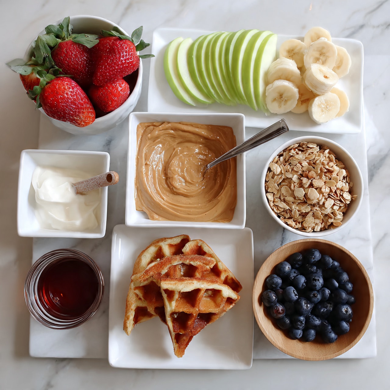 The image shows a flat lay arrangement of food items on a white marbled surface. In the center is a white square bowl filled with light brown peanut butter, with a silver spoon resting inside. Above it, on a white plate, are sliced green apples and red strawberries with green leaves. To the top right, there is another white plate with sliced bananas. Near the peanut butter, to the right, is a small wooden bowl filled with granola. Below the peanut butter bowl is a small dark bowl filled with blueberries. To the bottom right, a white plate holds a golden brown waffle broken into two parts. To the bottom left of the peanut butter is a glass cup filled with dark red syrup, and to the left top corner, a white square dish holds some white cream. photo taken with an iphone --ar 4:5 --v 7