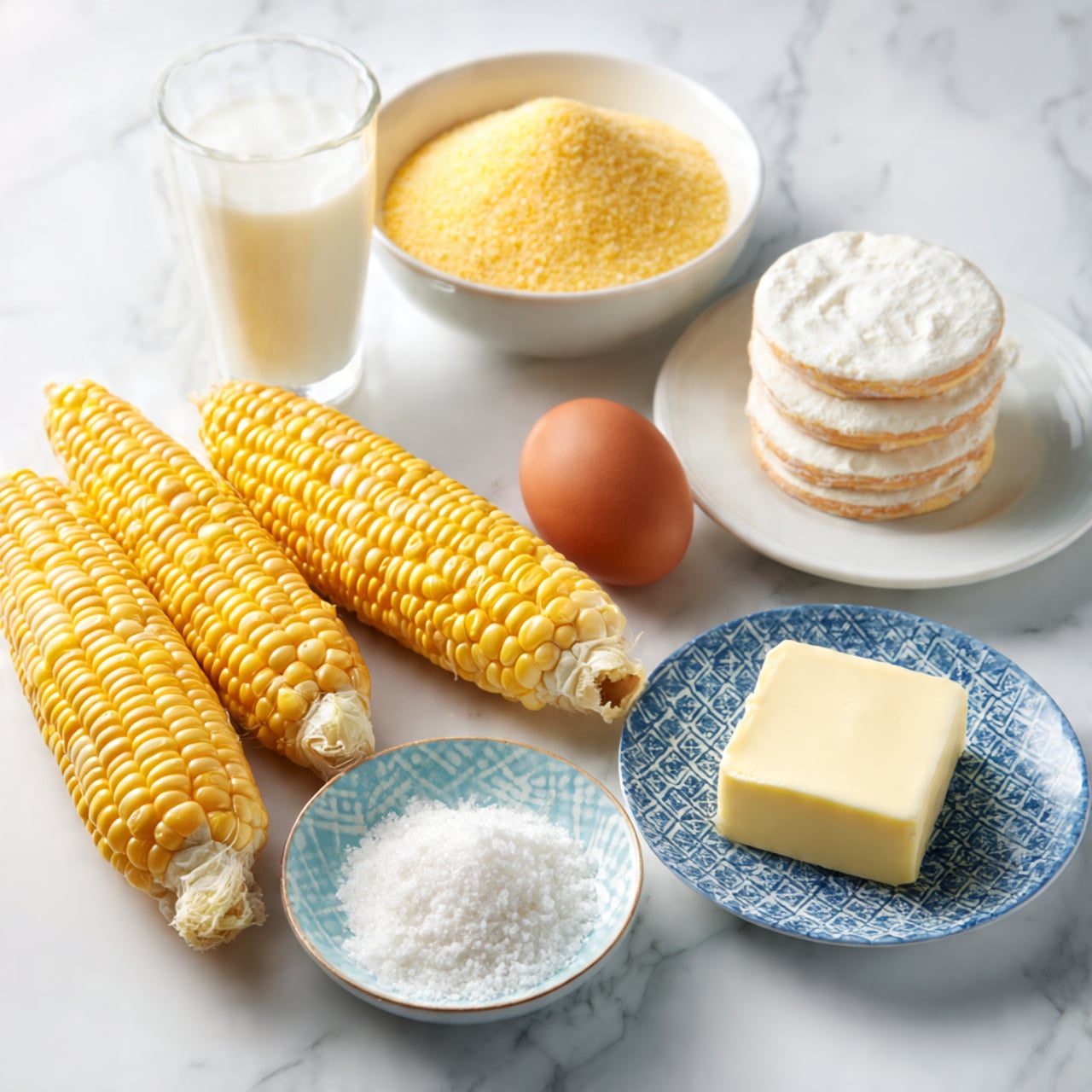 Two yellow and white ears of corn lay side by side near a clear glass filled with white liquid on a white marbled surface. A white bowl filled with fine yellow cornmeal is placed next to a small white plate holding several round, flat white disks of cheese stacked on top of each other. Nearby, a single brown egg is positioned next to a small blue and white patterned plate with two different sized piles of white salt. A smaller plate with a light blue geometric pattern holds a small square of pale yellow butter. The background is a white marbled texture. Photo taken with an iphone --ar 4:5 --v 7