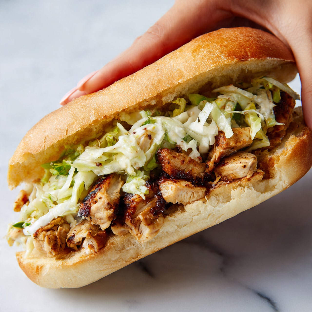 A sandwich with a light brown bun on a white marble surface, filled with several layers including grilled, browned chicken pieces with visible char marks, shredded pale green lettuce, and creamy coleslaw with thinly sliced cabbage. The sandwich is slightly open showing the textured, juicy filling, with some chicken pieces and coleslaw spilling out at the edges. A woman's hand is gently holding the sandwich from the side. Photo taken with an iphone --ar 4:5 --v 7