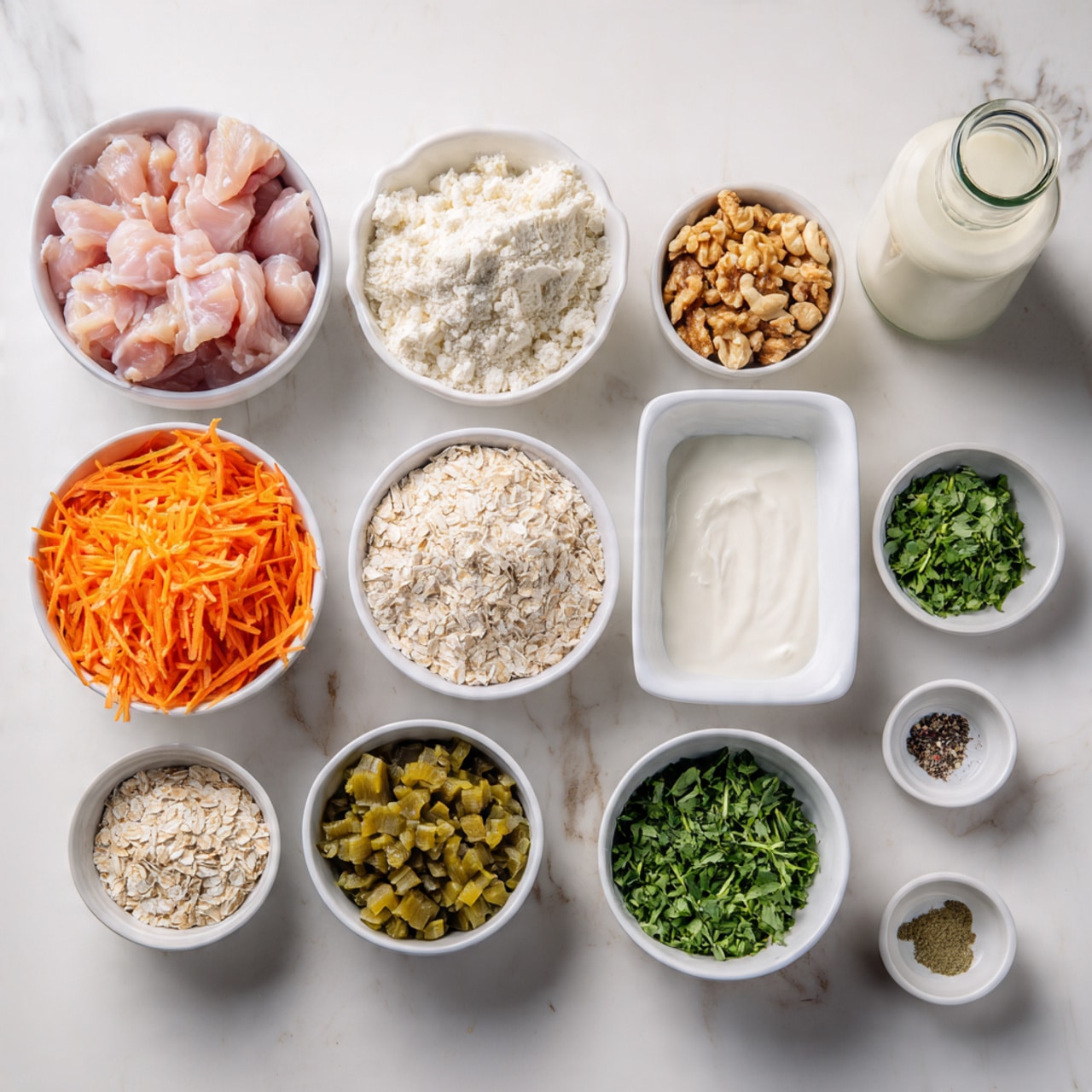 The image shows a neat arrangement of various cooking ingredients set on a white marbled surface. There are twelve small white bowls and one white rectangular dish, each holding different ingredients: pinkish raw chicken pieces in a bowl near the top center, bright orange shredded carrots, white sour cream in the rectangular dish, chopped green herbs, golden brown nuts, white flour, light beige oats, chopped green pickles, and three small bowls containing salt, pepper, and mustard. A tall light-colored bottle stands in the back. The ingredients are spaced evenly, creating a balanced and clean look. photo taken with an iphone --ar 4:5 --v 7