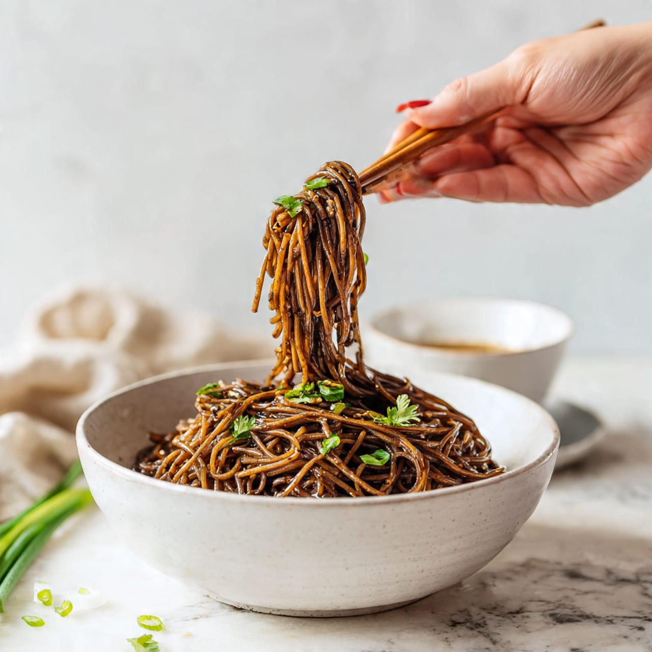 A white bowl filled with dark brown noodles coated in sauce, with some green herbs sprinkled on top. A woman's hand is lifting a portion of the noodles with chopsticks above the bowl, showing the noodles hanging and slightly twisted. The background is a white marbled surface with some green onions and a small white bowl of what looks like sauce or soup blurred in the distance. photo taken with an iphone --ar 4:5 --v 7