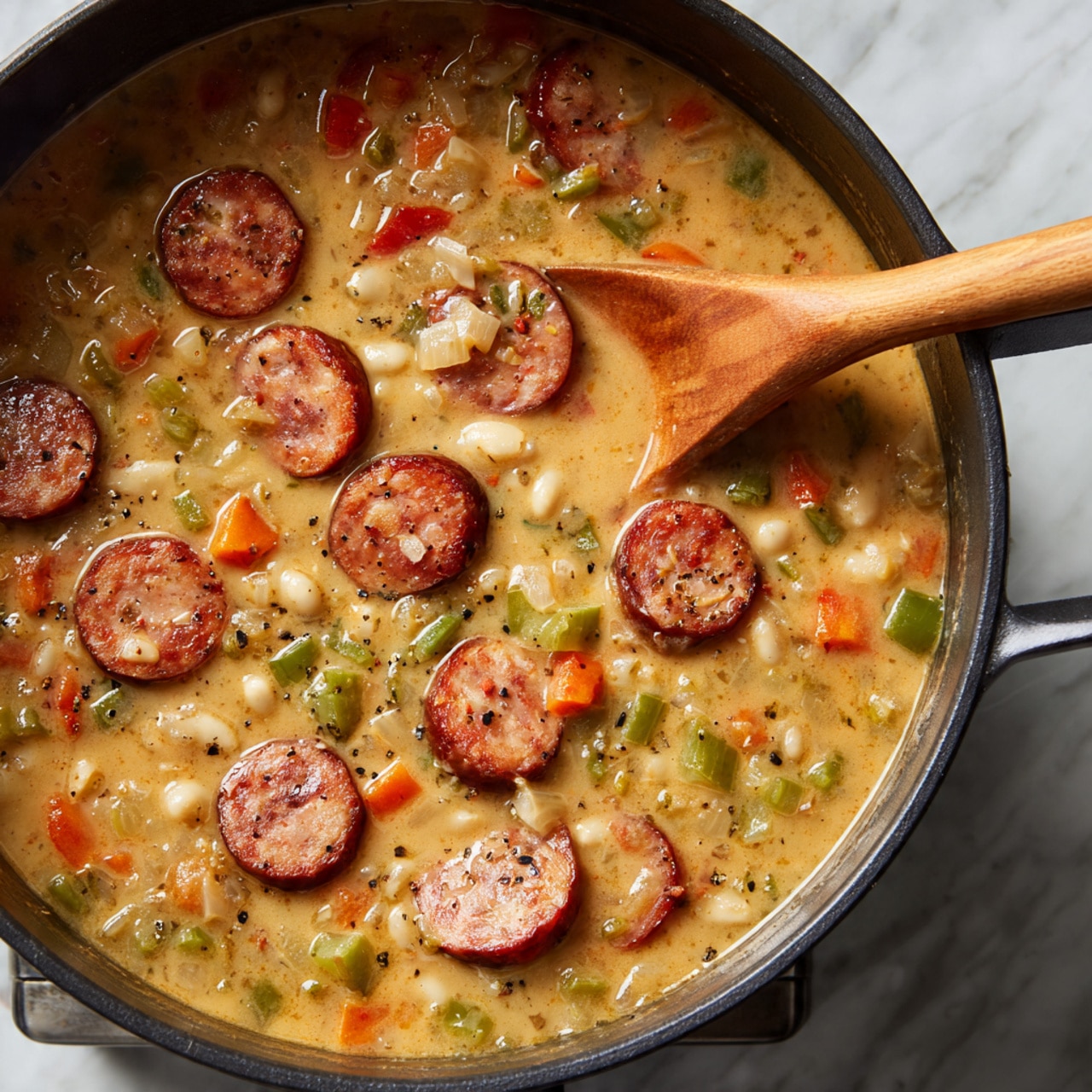 A close-up image of a black cooking pot filled with a thick, creamy stew featuring four main visible layers: a beige-yellow creamy base, scattered slices of browned sausage with reddish-brown edges, small cubes of green bell peppers, and diced orange carrots mixed throughout. There are also small white beans and onion pieces spread evenly across the pot. A wooden spoon with a smooth texture is partially submerged in the stew, stirring the mixture. The pot is set on a stove with a visible metallic edge, and the background has a white marbled texture. photo taken with an iphone --ar 4:5 --v 7