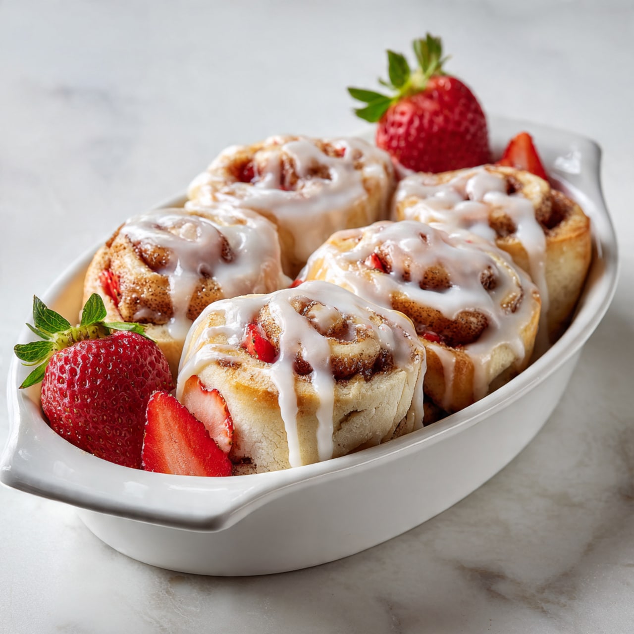 In a white oval dish, there are six rolled pastry pieces with light golden brown outer layers. Each roll is filled with bright red strawberry slices and has swirls of dough visible inside. White icing is drizzled thickly and unevenly over the top of the rolls, creating a shiny texture. On the sides of the dish, there are three whole strawberries and two strawberry halves with vibrant red flesh and green tops. The dish is placed on a white marbled surface. photo taken with an iphone --ar 4:5 --v 7