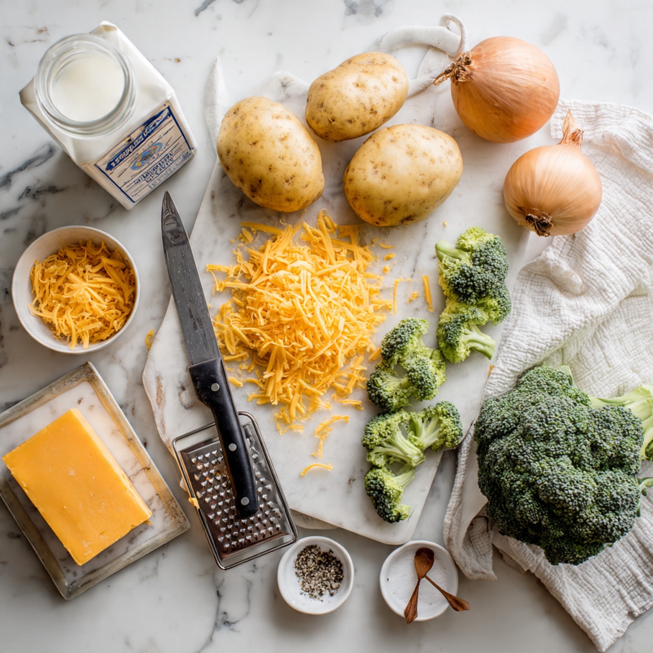 The image shows a white marbled surface covered with various ingredients arranged around a large cutting board. On the cutting board, there are three yellow potatoes near the top, a whole onion below the potatoes, and scattered broccoli florets on the right side of the board. A large knife with a black handle rests diagonally on the board near the broccoli. In front of the board, there is a pile of shredded orange cheddar cheese next to a metal cheese grater. To the left of the cutting board, a block of orange cheddar cheese and a carton of milk are placed. To the bottom right, a white cloth and additional broccoli pieces are visible. Nearby small white bowls hold salt and black pepper with tiny wooden spoons resting inside. The setting looks like a light, fresh kitchen workspace, photo taken with an iphone --ar 4:5 --v 7