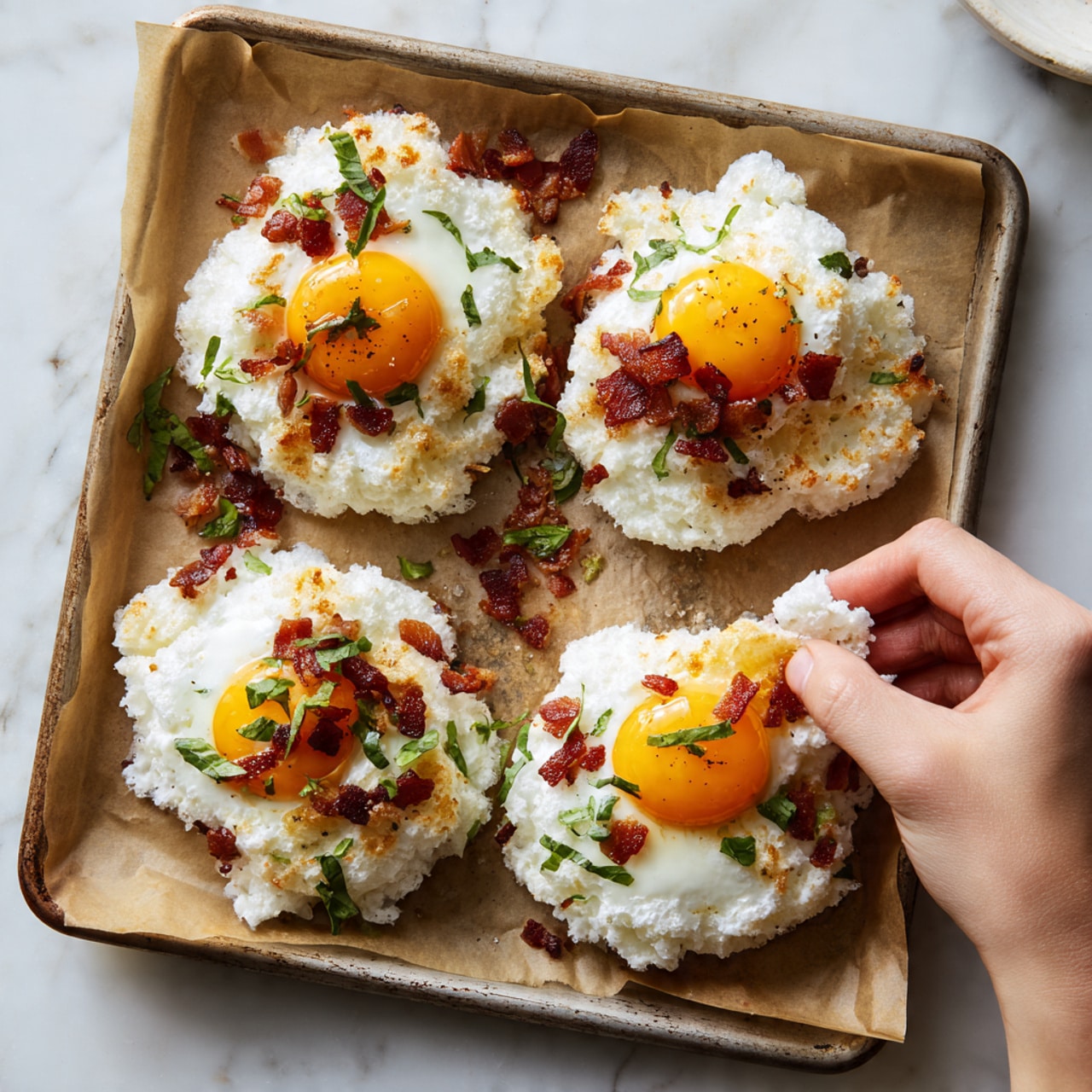 The image shows four cloud egg servings arranged on a sheet pan lined with brown parchment paper, placed on a white marbled surface. Each cloud egg has one bright orange egg yolk sitting in the middle surrounded by fluffy, white whipped egg whites that have a light, airy texture with some small brown crispy spots. Small pieces of crumbled bacon are scattered on and around the egg whites, adding a reddish-brown color and chunky texture. Some green herbs sprinkle on top, giving a fresh touch. One woman's hand is reaching toward one of the cloud eggs. Photo taken with an iphone --ar 4:5 --v 7
