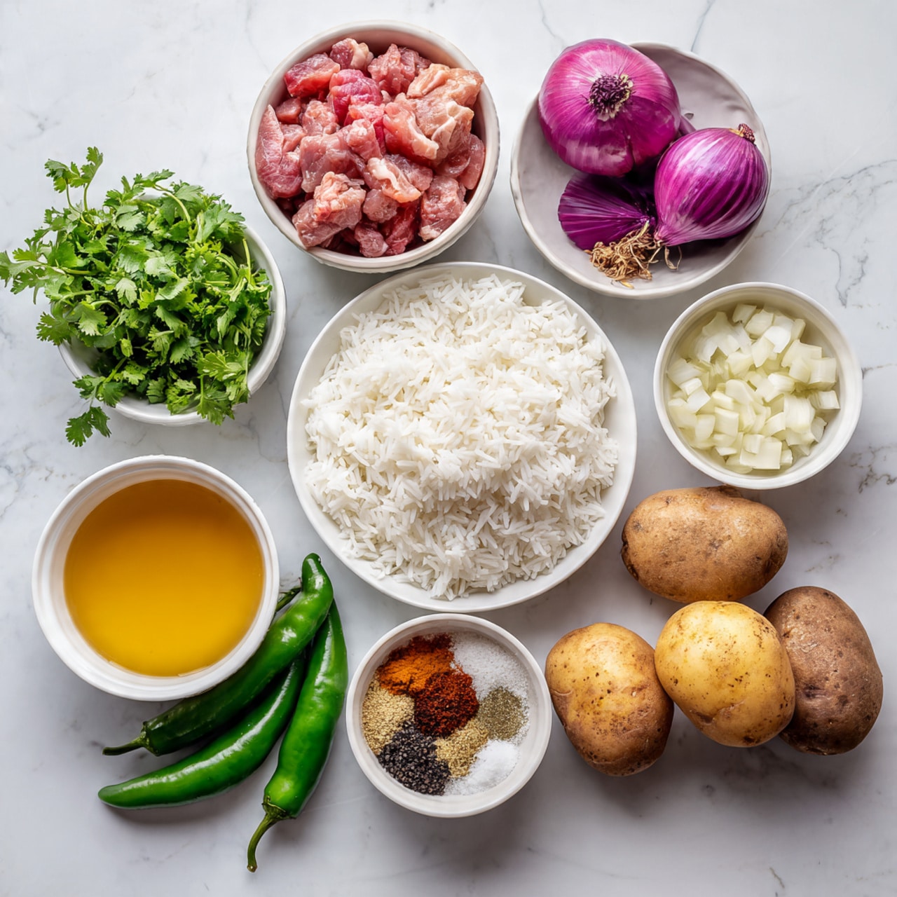 The image shows several white bowls and plates arranged on a white marbled surface, each containing different ingredients. There is a large white plate in the middle filled with raw white rice. Surrounding it are smaller white bowls with various items: one bowl has raw chunks of pink meat, another has chopped white garlic cloves and cilantro, while another holds whole purple onions and one red tomato. There are some fresh green jalapeños placed directly on the marbled surface, two whole brown potatoes, and a bowl with a golden yellow liquid. Another white bowl contains a mix of spices with different textures and colors including black, brown, and beige. The items are neatly placed, showing a clear view of each ingredient, and the photo looks bright and evenly lit. Photo taken with an iphone --ar 4:5 --v 7