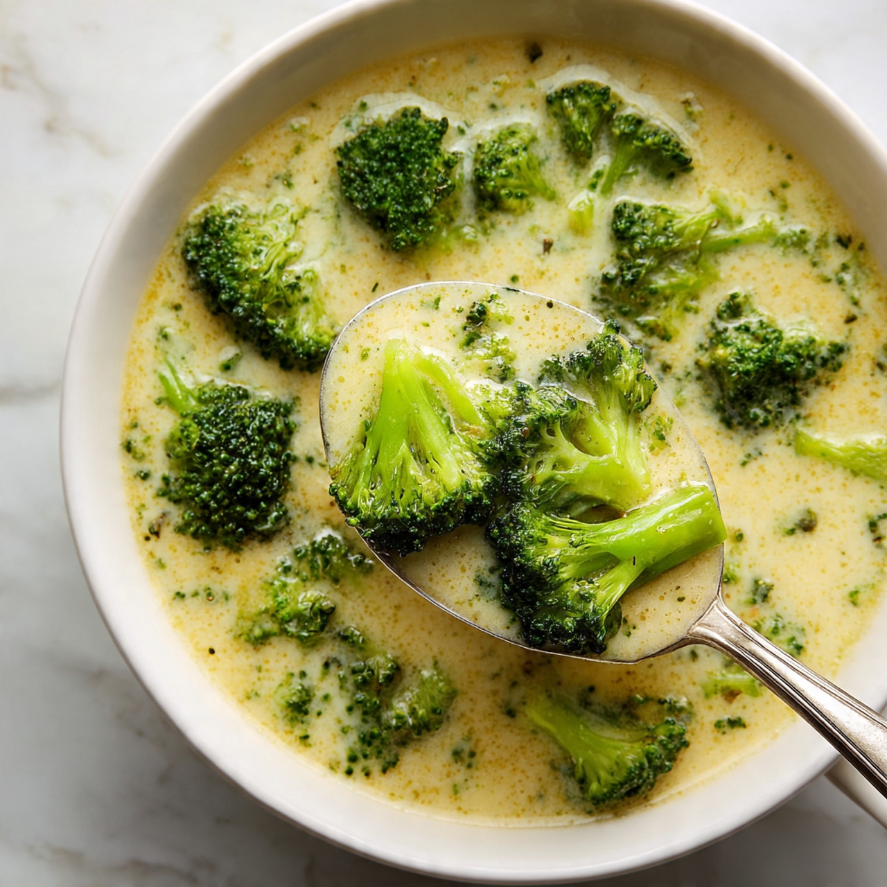 A close-up view of a creamy broccoli soup in a white bowl with a thick ladle lifting chunks of bright green broccoli florets, showing their textured surface and pale green stems. The soup base is pale yellow with a smooth and slightly creamy texture, filling the space around the broccoli evenly. The ladle handle is metallic and angled, with the soup reflecting a soft light. The background features a white marbled texture, adding a clean and fresh look to the scene. photo taken with an iphone --ar 4:5 --v 7
