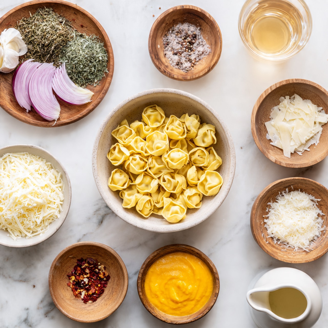 The image shows several small bowls and plates arranged neatly on a white marbled surface. At the bottom center, a bowl is filled with yellow tortellini, and next to it on the left is a small white bowl with white shredded cheese. Above them, on the left, there is a round wooden plate holding dried green herbs and thinly sliced pale purple shallots. To its right, a small wooden bowl contains white grated cheese. On the right side, another wooden plate displays small piles of finely chopped garlic, red pepper flakes, ground spices, salt, and black pepper in neat spots. Above these plates, a wooden bowl holds a smooth bright orange puree. To the left of the puree, a clear glass of light brown liquid sits, and next to the puree on the right, a ceramic white pitcher filled with cream and a glass container with yellow oil are placed. Photo taken with an iphone --ar 4:5 --v 7
