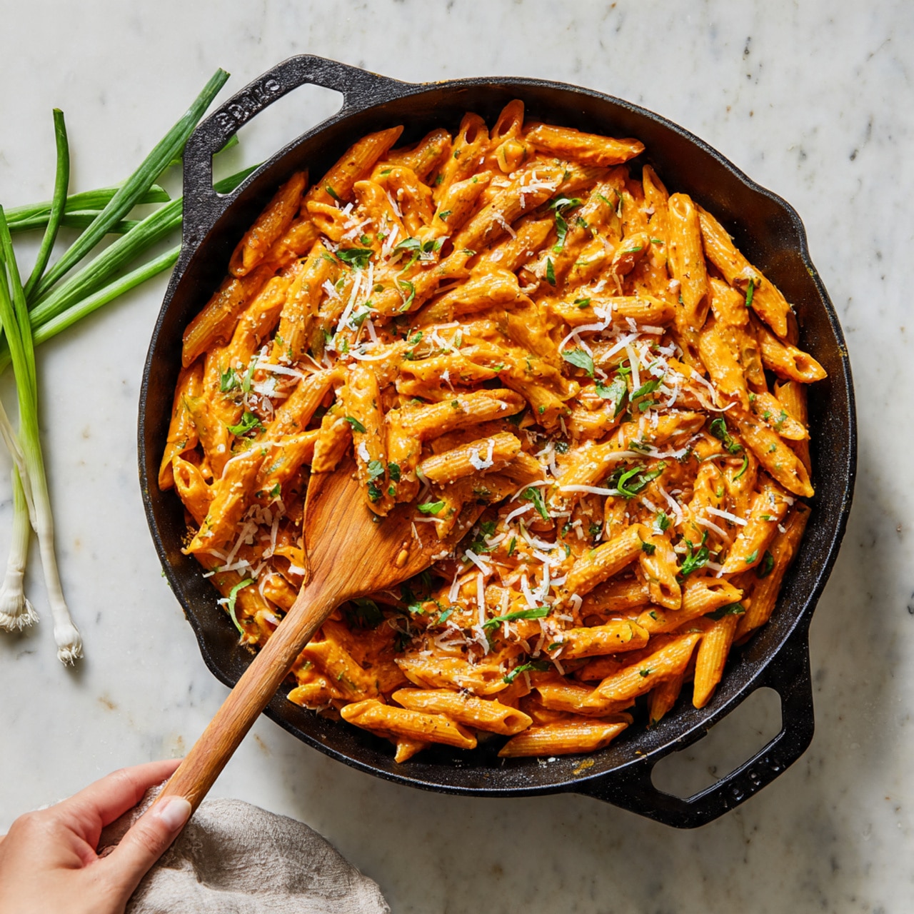 A black cast iron skillet filled with penne pasta coated in a creamy orange sauce is shown. The pasta is topped with thin white shredded cheese and small green herb pieces scattered across the surface. A wooden spatula is lifting some pasta from the skillet, held by a woman's hand. Green onions are placed on the white marbled surface next to the skillet photo taken with an iphone --ar 4:5 --v 7