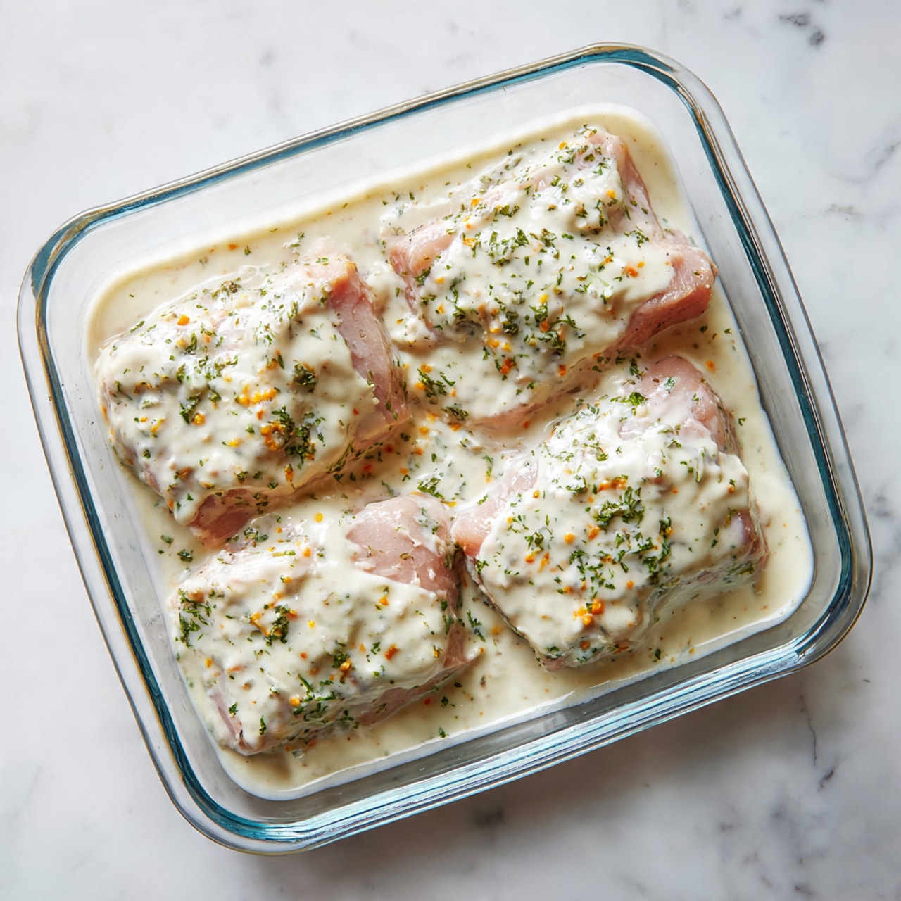 In a clear glass square baking dish placed on a white marbled surface, there are three pieces of raw pale pink meat, each covered with a thick, creamy white sauce that has visible specks of green herbs and small bits of orange cheese mixed throughout. The sauce layer is spread unevenly but generously across the top of the meat, showing a soft, slightly chunky texture. Photo taken with an iphone --ar 4:5 --v 7