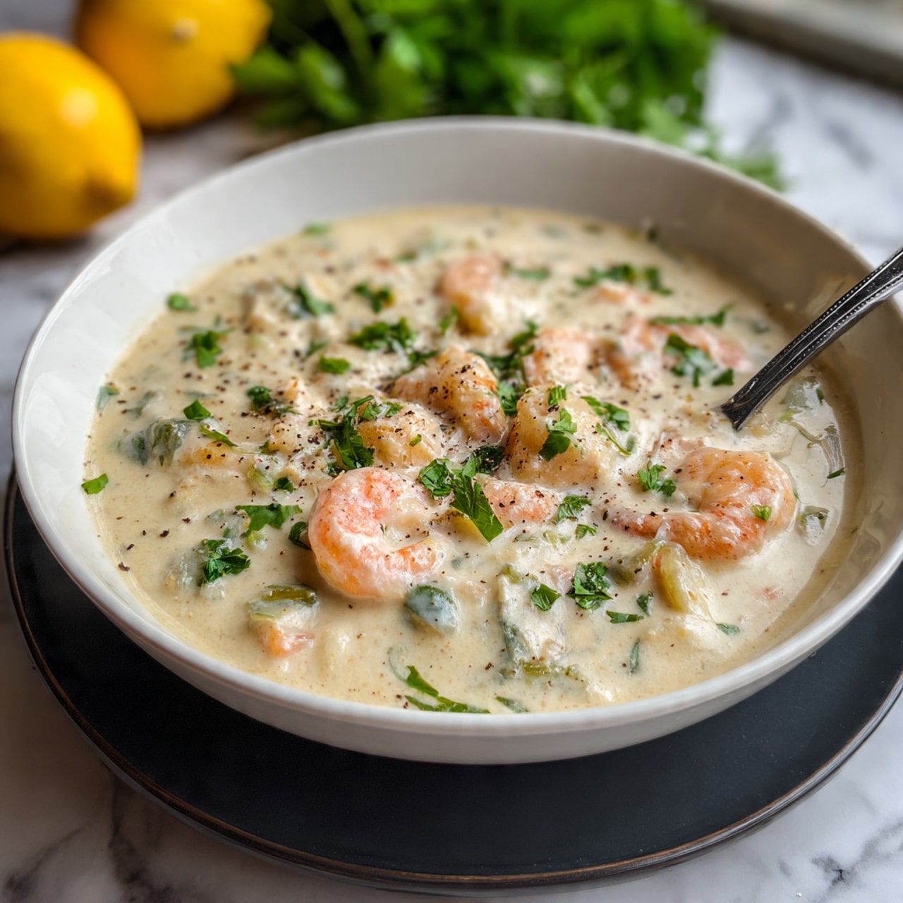 The image shows a white bowl filled with thick creamy seafood chowder that has a light beige color, with visible pieces of shrimp and bits of white fish mixed in. The chowder is topped with small green parsley leaves and a sprinkle of black pepper. A silver spoon is inside the bowl, slightly lifted above the chowder. The bowl is placed on a black plate, and in the background, there is a blurred green herb bunch and a yellow lemon on a white marbled surface. Photo taken with an iphone --ar 4:5 --v 7