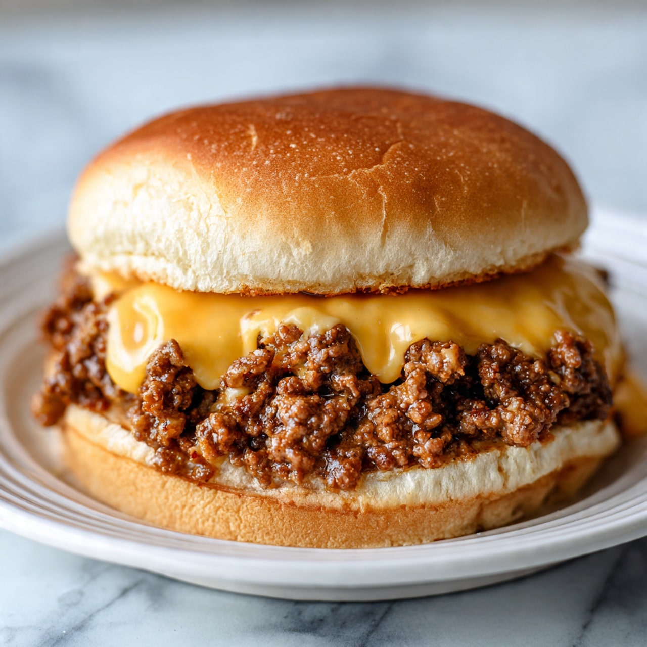 A close-up of a sandwich on a white plate with a white marbled surface background, showing a soft, browned bun on top and bottom. Between the bun layers is a thick layer of small, cooked ground beef pieces with a rich, brown color and slightly moist texture. On top of the beef, there is a smooth, creamy layer of yellow cheese sauce gently dripping down. The bun looks soft and slightly shiny from baking. Photo taken with an iphone --ar 4:5 --v 7