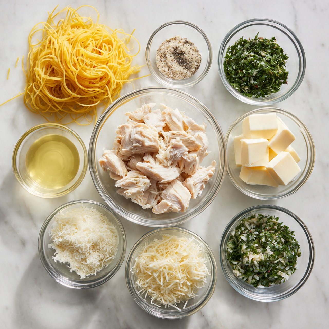 The image shows eight small clear glass bowls arranged on a white marbled surface. The largest bowl in the center holds pieces of white cooked chicken. Surrounding it are smaller bowls containing grated cheese, chopped green herbs, coarse salt, black pepper, cubed white butter, and a pale yellow liquid, possibly oil or broth. To the left side, uncooked yellow spaghetti strands lie flat on the surface. The display looks clean and organized, with a soft natural light. photo taken with an iphone --ar 4:5 --v 7