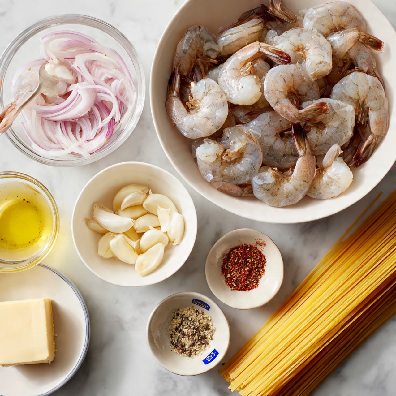The image shows several white bowls and a clear measuring cup arranged on a white marbled surface. One large white bowl is full of raw shrimp with shells on, light grey and slightly translucent. A smaller clear bowl holds thinly sliced shallots, pale pink and white. Another small white bowl contains garlic cloves, creamy white and a bit chunky. The clear measuring cup has a light yellow liquid, with a spoon resting inside. Near these is a small white plate with a pale yellow slab of butter. There are two small white bowls, one with red spice and black pepper, and the other with a golden-yellow oil. Lastly, a yellow package of uncooked spaghetti pasta lies flat with strands visible, the blue label contrasting with the bright yellow. photo taken with an iphone --ar 4:5 --v 7