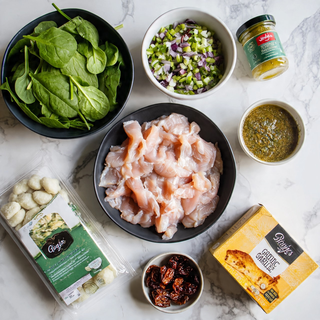 The image shows several cooking ingredients arranged on a white marbled surface: a black bowl filled with pale pink raw chicken strips in the center, a white bowl with chopped green and purple vegetables to the top right, and a small white bowl with dark sun-dried tomatoes below it. On the left side, there is a black bowl filled with fresh green spinach leaves and next to it, a green and white box of garlic and fine herbs Boursin cheese. At the bottom center, there is a clear plastic package of Trader Joe's gnocchi showing white gnocchi inside, and on the right side, a white box of Kirkland Signature organic chicken stock with yellow-orange broth shown on the front. A green jar of Simply Organic Italian seasoning is near the top right corner. The photo is taken with an iphone --ar 4:5 --v 7