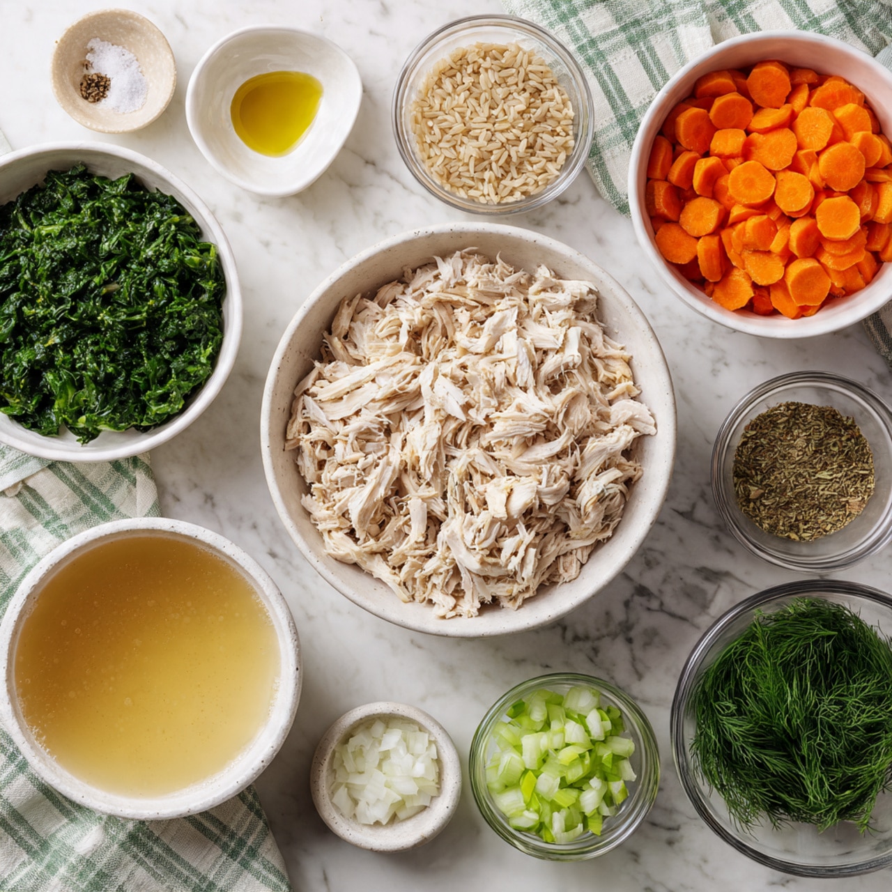 This image shows nine white bowls and small glass containers arranged neatly on a white marbled surface with a light green and white checkered cloth under some of them. The largest bowl in the center holds shredded light beige cooked chicken. To the left, there's a bowl full of bright green chopped spinach leaves. On the top right, there is a white bowl filled with sliced orange carrots, next to it is a bowl with uncooked brown rice. Below those, small glass bowls contain salt, pepper, and olive oil with golden yellow color. At the bottom left, a white bowl holds clear light golden broth. A small bowl of diced white onions and another bowl of chopped green celery sit at the bottom right, near the chicken. There is also a small glass bowl filled with fresh green dill. The items are evenly spaced. Photo taken with an iphone --ar 4:5 --v 7