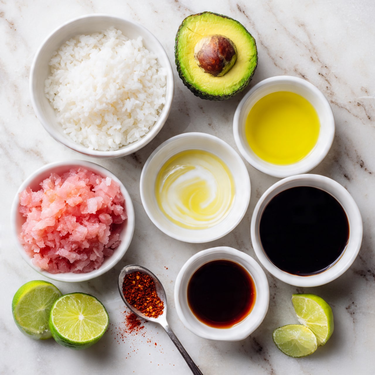 The image shows seven small white bowls and a whole avocado on a white marbled surface. One bowl has white rice, another has chopped pink raw fish, one small bowl contains a white creamy sauce, another has bright yellow olive oil, while the next one has dark brown soy sauce. There is a small amount of red spice on a spoon in front, and half a lime cut into two showing its green inside placed near the bowls. The colors are bright, and the items are neatly arranged in a loose circle. Photo taken with an iphone --ar 4:5 --v 7