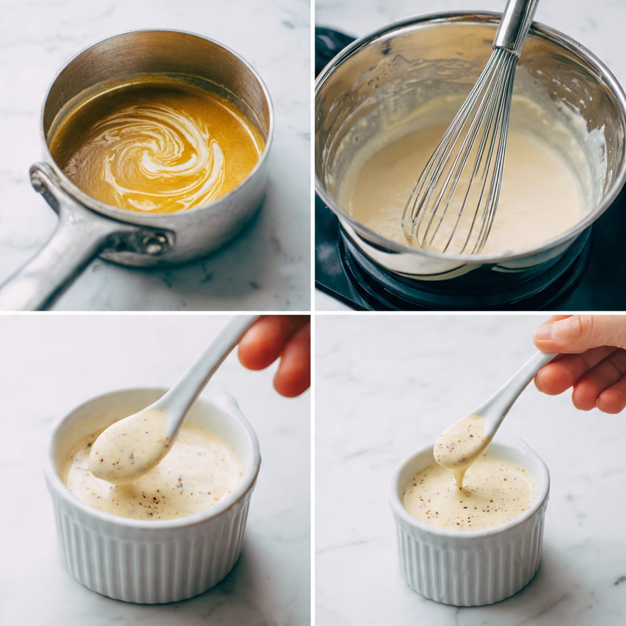 The image shows four small windows with different stages of making a creamy sauce. The first window has a small pot with a thick mustard-yellow sauce swirling inside. The second window has a close-up of a metal bowl with a white mixture being whisked with a silver whisk. The third window shows a pot on the stove with a spoon stirring a white sauce with some texture. The last window has a white ceramic ramekin filled with a creamy sauce with specks, and a white spoon held by a woman's hand lifting some sauce above the ramekin. The background is a white marbled surface, giving a clean and bright look to the images. photo taken with an iphone --ar 4:5 --v 7
