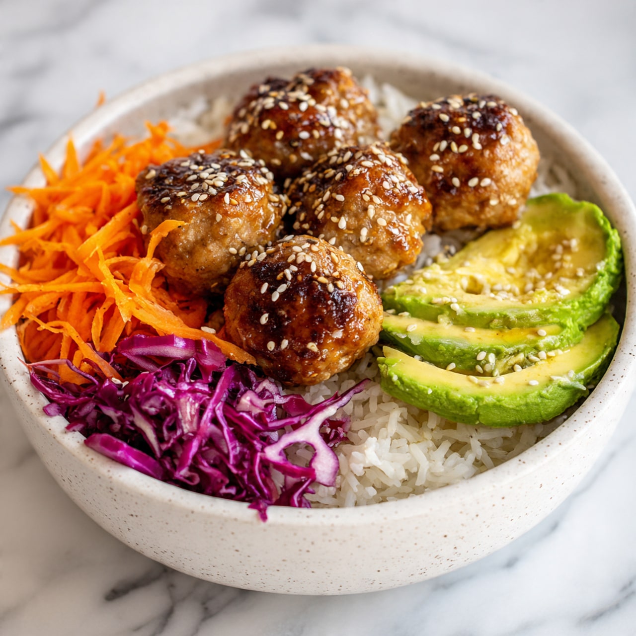 The bowl contains five golden-brown meatballs covered with sesame seeds, placed on a bed of white rice. On one side of the bowl, there are thin shredded orange carrots and finely shredded purple cabbage. On the other side, there are three slices of green avocado with some kind of sauce on the avocado. The bowl itself is white with a speckled texture, and the background shows a white marbled surface. Steaming smoke rises from the bowl, showing that the food is hot. photo taken with an iphone --ar 4:5 --v 7