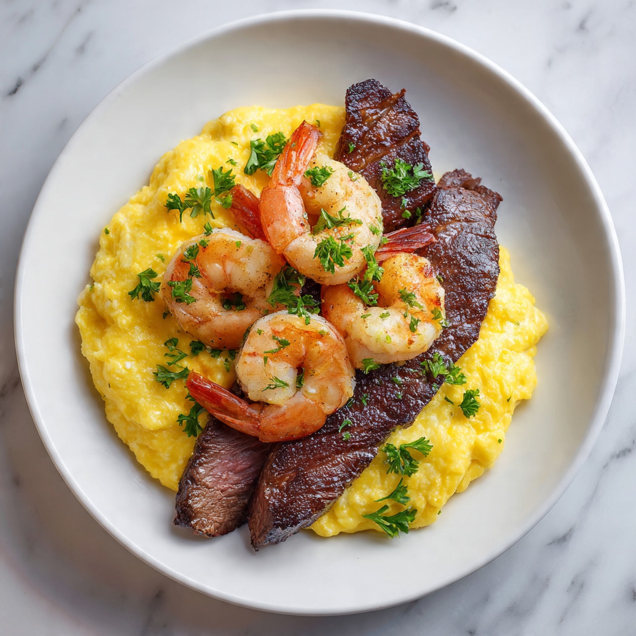 The image shows a white plate on a white marbled surface, with a dish made of three main layers. The bottom layer is creamy and soft scrambled eggs, pale yellow in color with a smooth texture. On top of the eggs, there are two thick slices of dark brown steak, showing a slightly crispy surface with some char marks. The top layer features three large, pinkish shrimp, each curled and glossy, placed side by side on the steak slices. Small green parsley pieces are sprinkled over the dish for decoration. Photo taken with an iphone --ar 4:5 --v 7