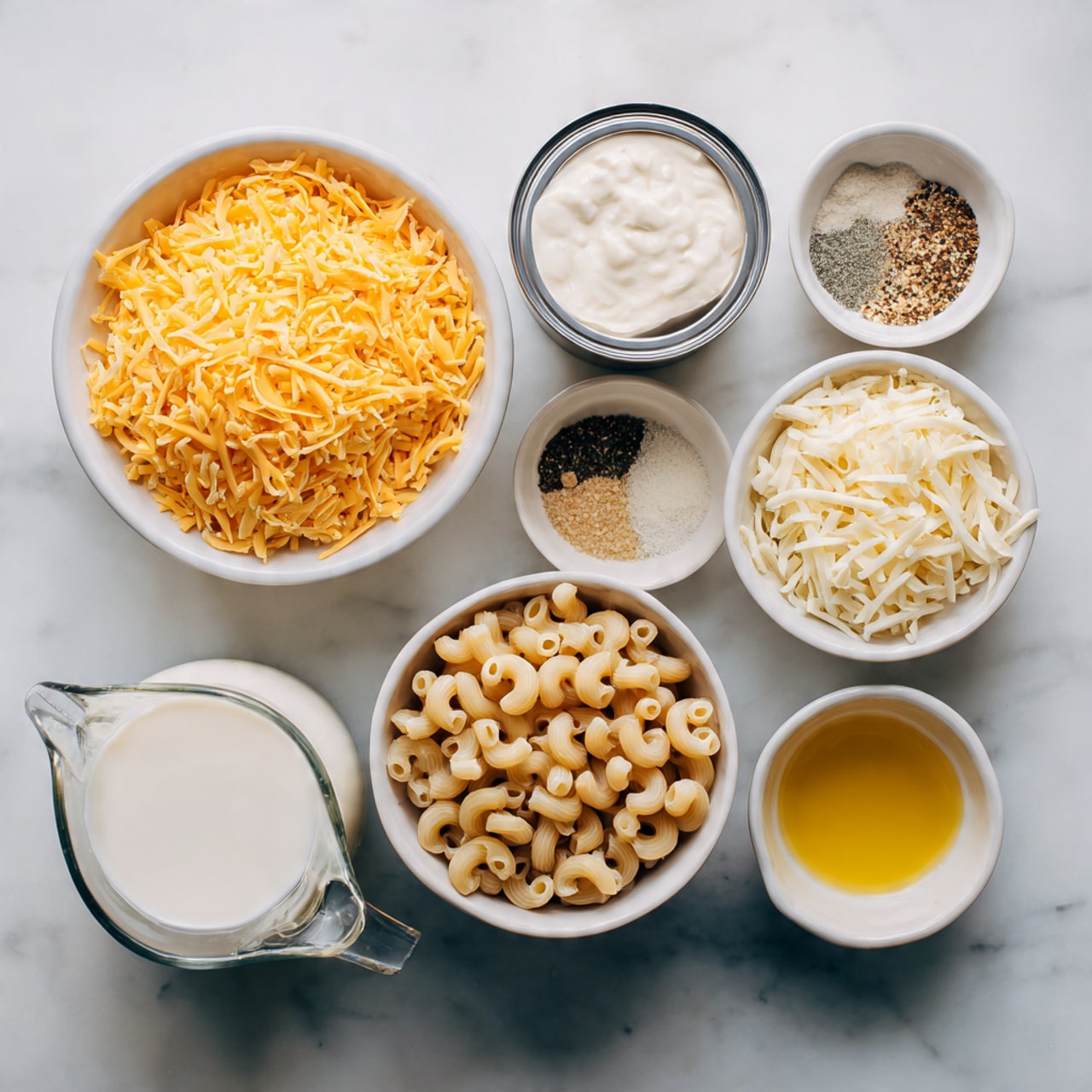 The image shows a white marbled surface with seven bowls and a can holding different ingredients. In the center at the bottom, a white bowl is filled with uncooked elbow macaroni, light brown and curved. To its left, another white bowl is filled with a large amount of shredded yellow-orange cheese. Above this bowl, an opened can holds creamy white liquid. Next to the can on the right, a small white bowl holds shredded white cheese. Above that is a small white bowl with different powders: salt, black pepper, and other light-colored seasonings. To the right of this is a small white bowl filled with golden yellow oil. To the right of the large cheese bowl and above the pasta bowl, there is a glass measuring cup filled with white milk. photo taken with an iphone --ar 4:5 --v 7