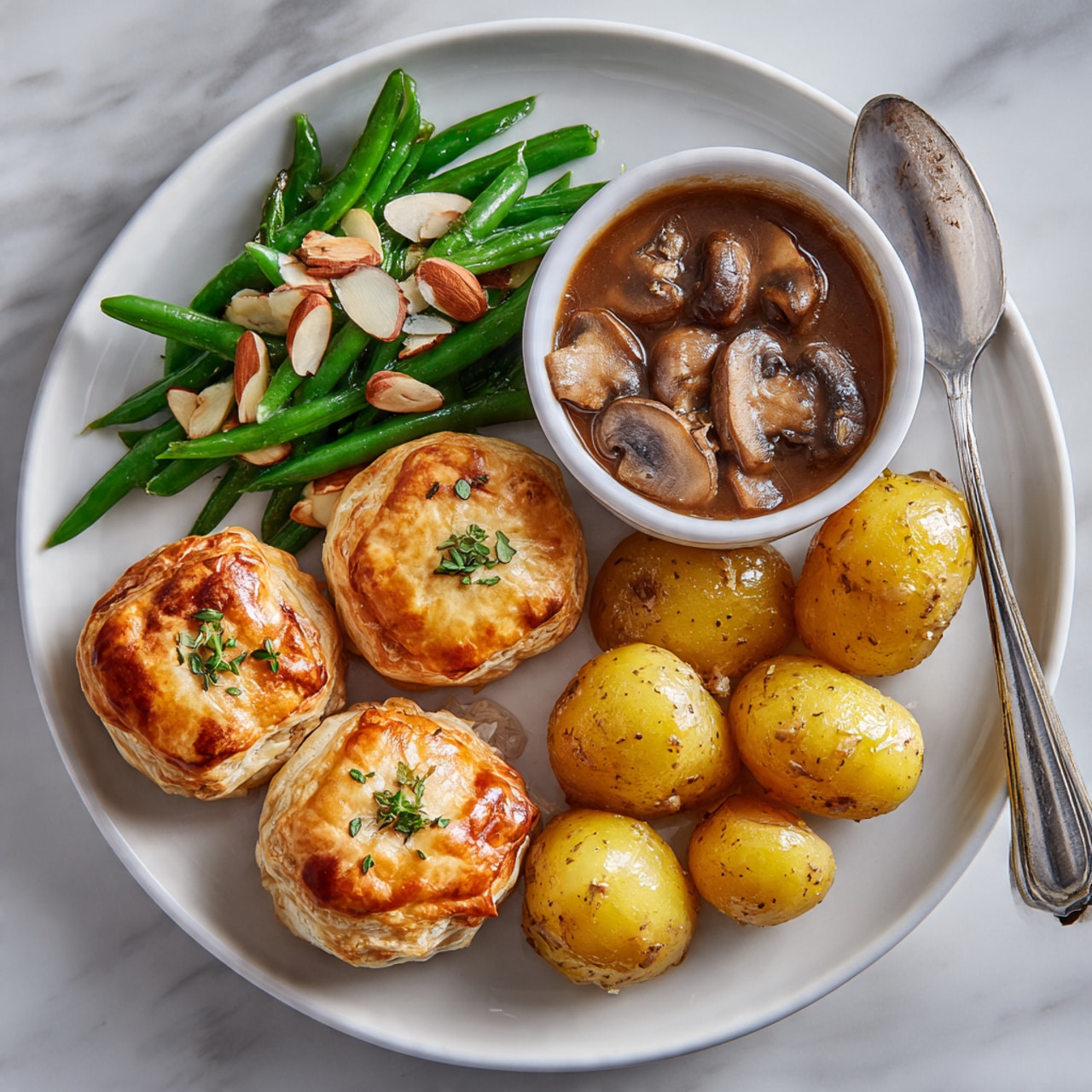 The image shows a white plate filled with five golden brown puff pastry parcels, each with a crispy and flaky texture and a small green herb on top. To the upper right side of the plate, there is a pile of bright green beans topped with sliced almonds, showing a smooth and shiny texture. Next to the green beans, there are small oval-shaped roasted potatoes with a golden yellow color and a lightly crispy skin. In the center of the plate, there is a small white bowl filled with a thick brown sauce containing visible mushroom pieces, and a silver spoon rests inside the bowl. The plate sits on a white marbled surface. photo taken with an iphone --ar 4:5 --v 7