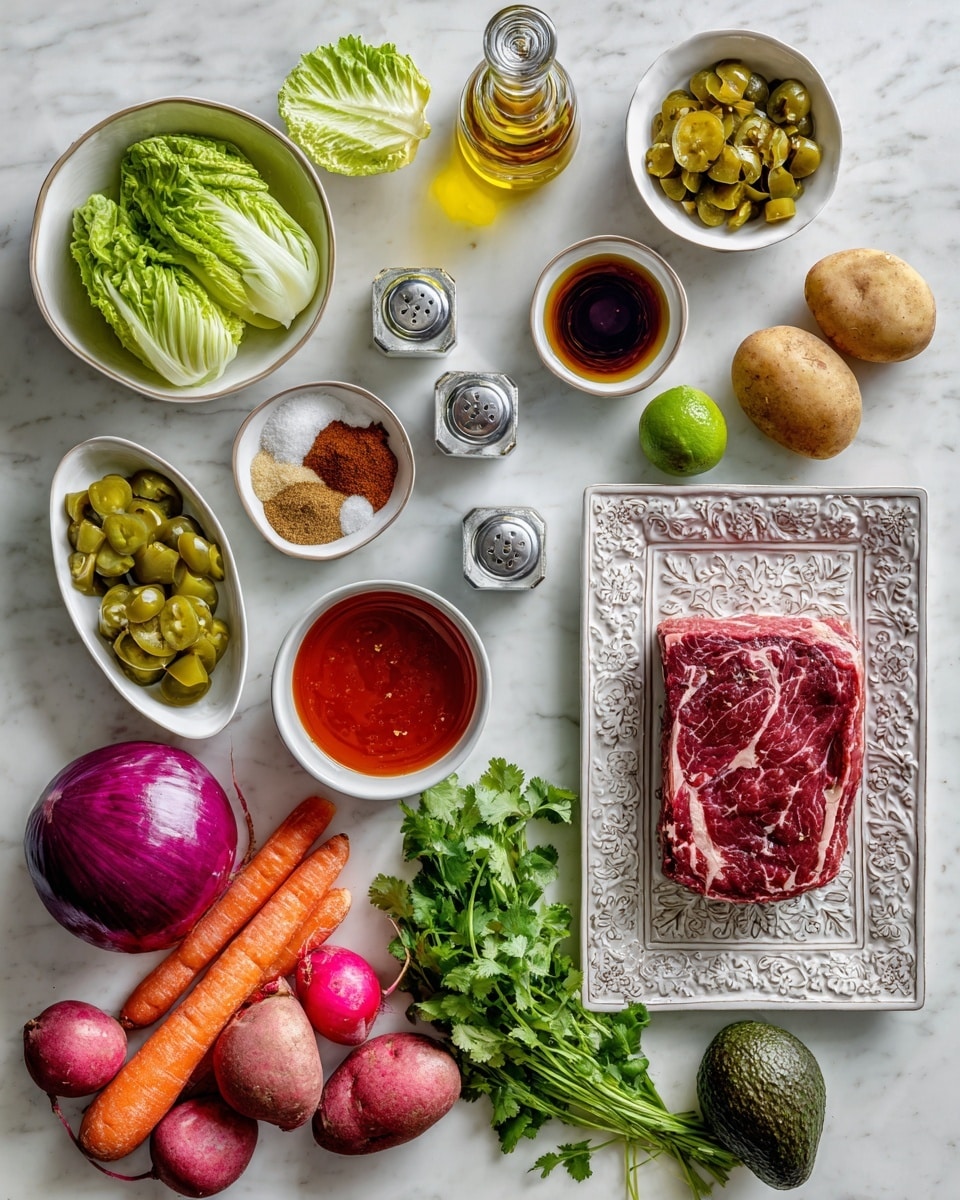 A collection of fresh ingredients arranged neatly on a white marbled surface, starting from the top right: a large piece of raw marbled red meat lies on a white ornate rectangular plate; next to it, a whole red onion sits beside a white oval dish holding three layers of spices in brown, light brown, and green. Moving leftward, a small clear glass salt shaker and pepper shaker are placed near small white dishes containing dark soy sauce and golden honey. Above these, a small white scalloped bowl holds minced garlic, and a round white bowl is filled with vibrant red sauce. To the far left, a clear glass bottle of olive oil is positioned behind a white bowl filled with sliced green pickled jalapenos. At the bottom left, fresh green Romaine lettuce, cilantro leaves, two long orange carrots, several red potatoes, three radishes, a whole lime, and a whole dark avocado are spread out, creating a colorful and balanced array of fresh produce. photo taken with an iphone --ar 4:5 --v 7