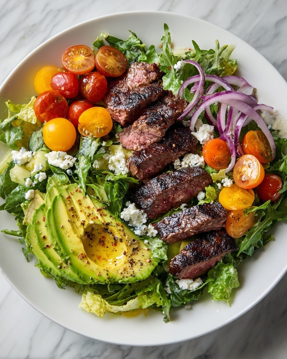 The dish is a colorful salad on a large white plate with mixed layers starting with a bed of green arugula and light yellow lettuce. On top, there are slices of grilled steak with a brown crust and pink center, arranged in small groups around the plate. Bright halved cherry tomatoes in red, orange, and yellow are scattered throughout, along with thin rings of purple-red onion. On one side, slices of ripe avocado with a drizzle of olive oil and a sprinkle of black pepper add a creamy texture. Small white crumbles of cheese are sprinkled evenly over the salad, creating a fresh and vibrant look. The plate is set on a white marbled surface. photo taken with an iphone --ar 4:5 --v 7