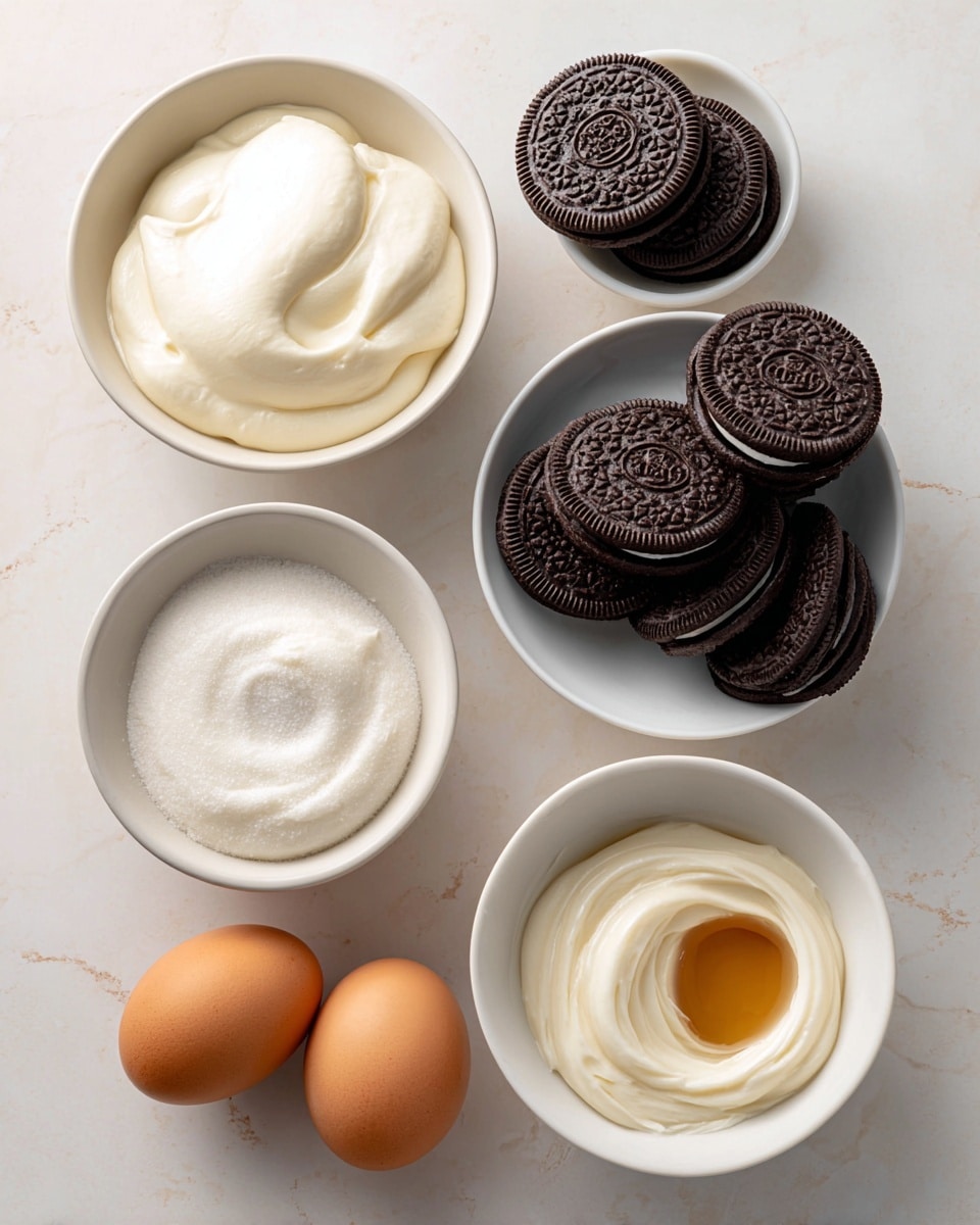 The image shows six white bowls on a white marbled surface. The top left bowl contains soft white cream with a smooth texture. To the right, a bowl is filled with dark chocolate sandwich cookies stacked neatly, showing their round shape and patterned top. Below, on the left, a small bowl holds granulated white sugar with a fine texture. Centered is a bowl filled with thick, creamy white cream, slightly textured with soft peaks and swirls. To the bottom left, there are two brown eggs with smooth shells resting side by side in a white bowl. Finally, the bottom right bowl contains a small amount of light amber liquid, likely vanilla extract, with a glossy surface. All bowls are arranged closely but not touching, creating a clean and organized look. Photo taken with an iphone --ar 4:5 --v 7