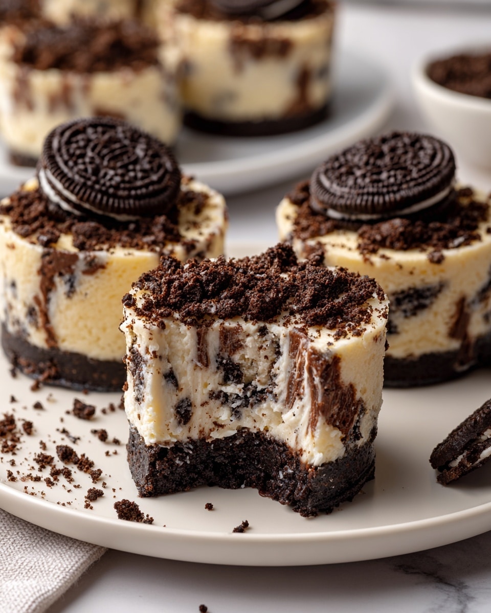 Mini Oreo cheesecakes are shown on a white plate with one in the front partially eaten. Each cheesecake has three visible layers: the bottom is a whole Oreo cookie in dark brown, the middle is a thick, creamy white cheesecake mixed with small bits of crushed Oreo, and the top layer is a generous sprinkle of finely crushed dark Oreo crumbs. The white marbled surface is visible under the plate and in the background photo taken with an iphone --ar 4:5 --v 7