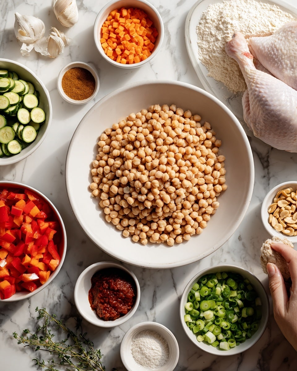 A white bowl filled with light brown chickpeas is placed at the top center on a white marbled texture. Surrounding it are small white bowls containing chopped red bell peppers, sliced green onions, minced garlic, orange chopped carrots, diced green zucchini, crushed nuts, and other cooking ingredients like white flour, spices, and tomato paste, all arranged neatly around a white plate holding an uncooked chicken leg. A woman's hand is reaching toward the chicken leg. Some small sprigs of green herbs lie beside the plate, completing the organized cooking scene. photo taken with an iphone --ar 4:5 --v 7